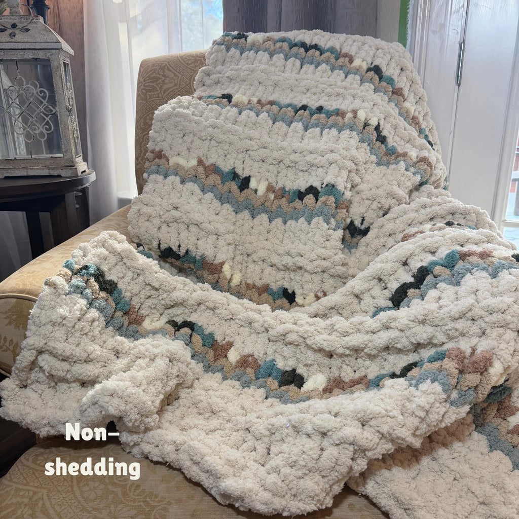 Chunky Knit Chenille Throw Blanket, Cream & Teal, Pet Friendly