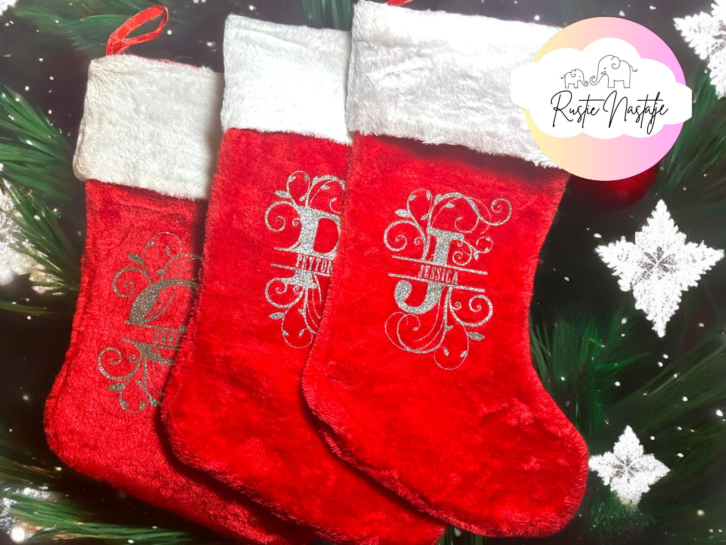 Personalized Christmas Stocking: Red Plush Glitter Monogram