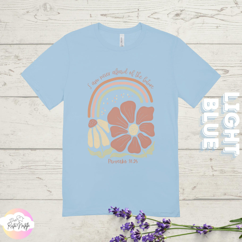 Christian T-Shirt, Proverbs 31:25, Boho Floral Rainbow Tee