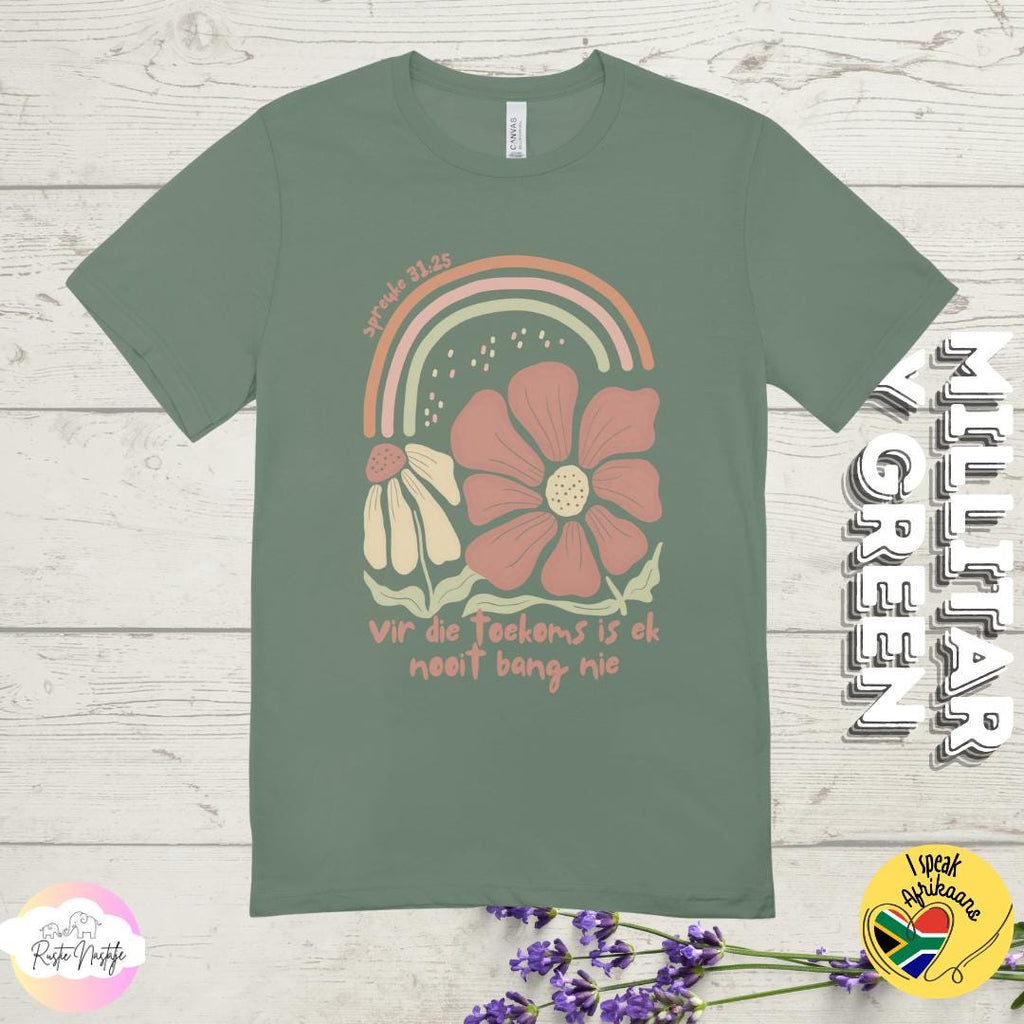 Afrikaans Christian T-Shirt: Boho Floral 'Vir die toekoms'