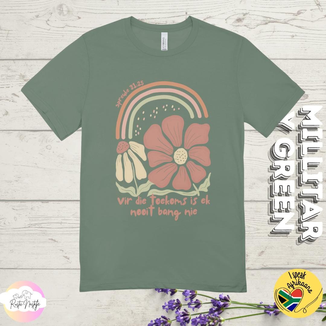 Afrikaans Christian T-Shirt: Boho Floral 'Vir die toekoms'