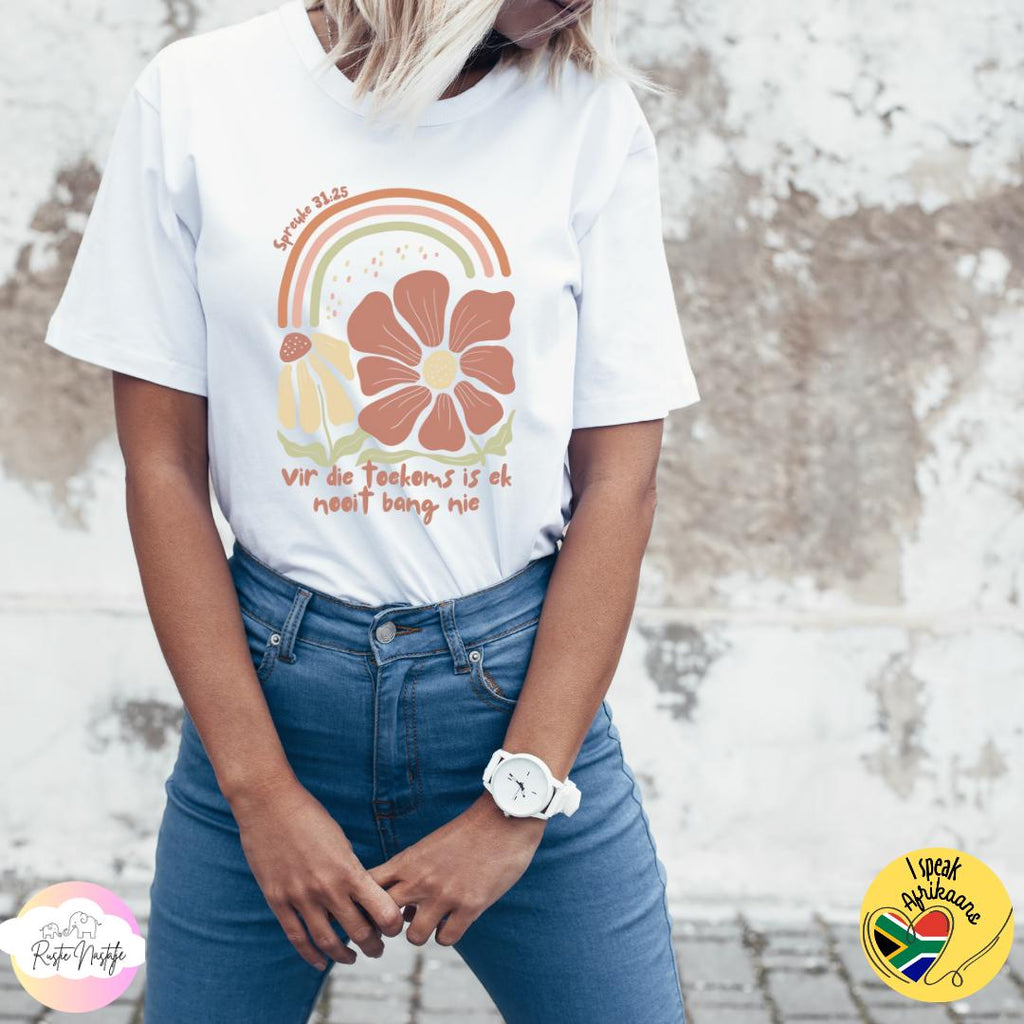 Afrikaans Christian T-Shirt: Boho Floral 'Vir die toekoms'