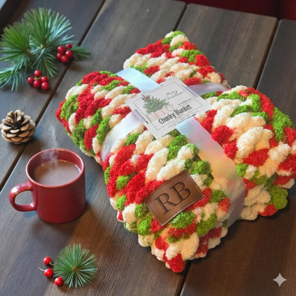 Personalized Chunky Knit Blanket with a Custom Monogram Red Green Berry Decor with Leather Name Patch