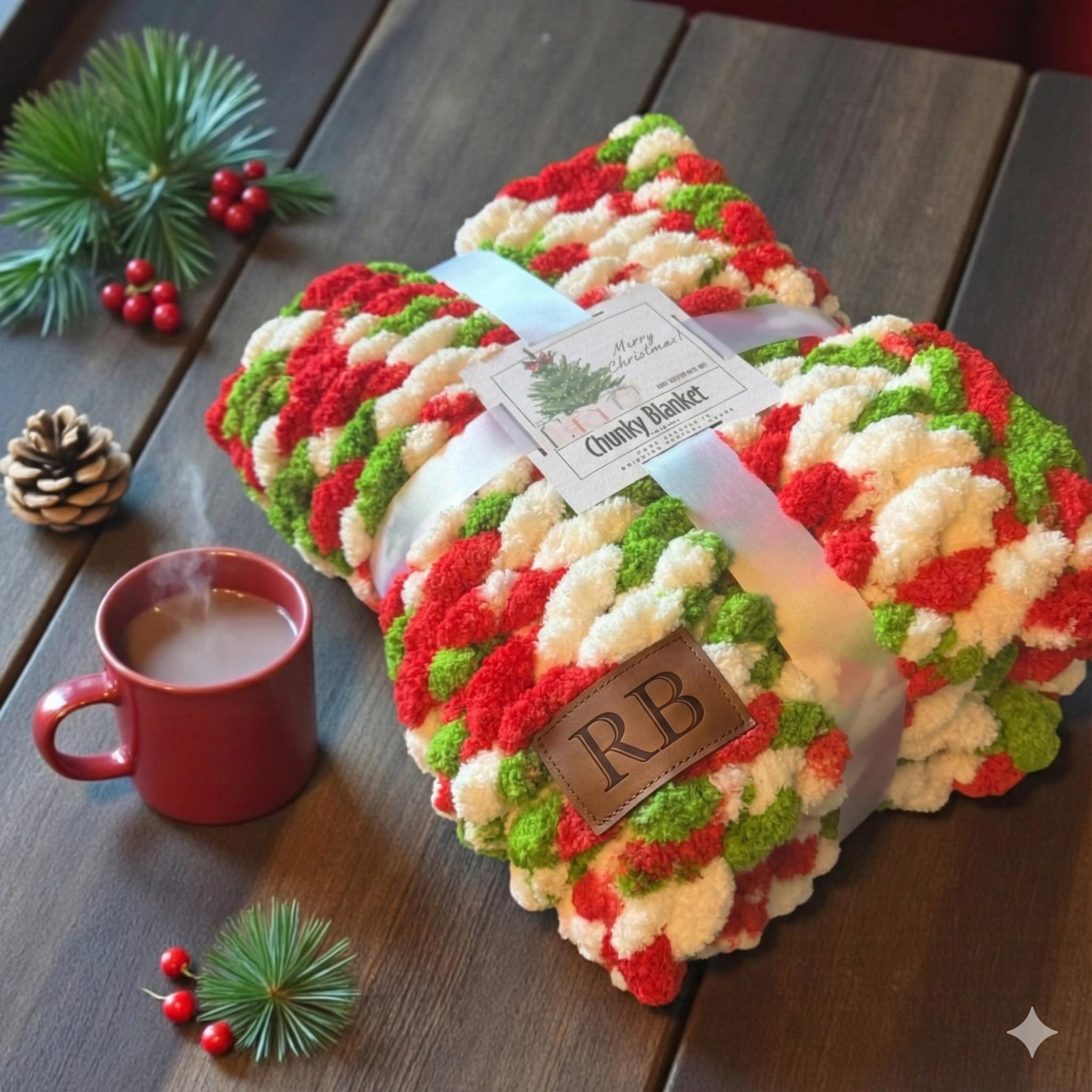 Personalized Chunky Knit Blanket with a Custom Monogram Red Green Berry Decor with Leather Name Patch