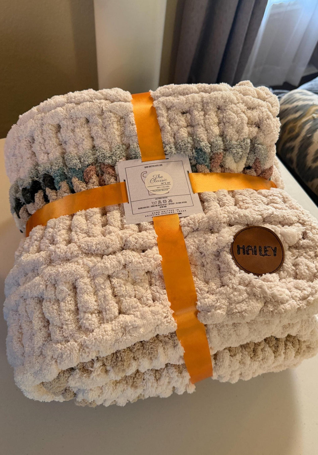 Chunky Knit Chenille Throw Blanket, Cream & Teal, Pet Friendly
