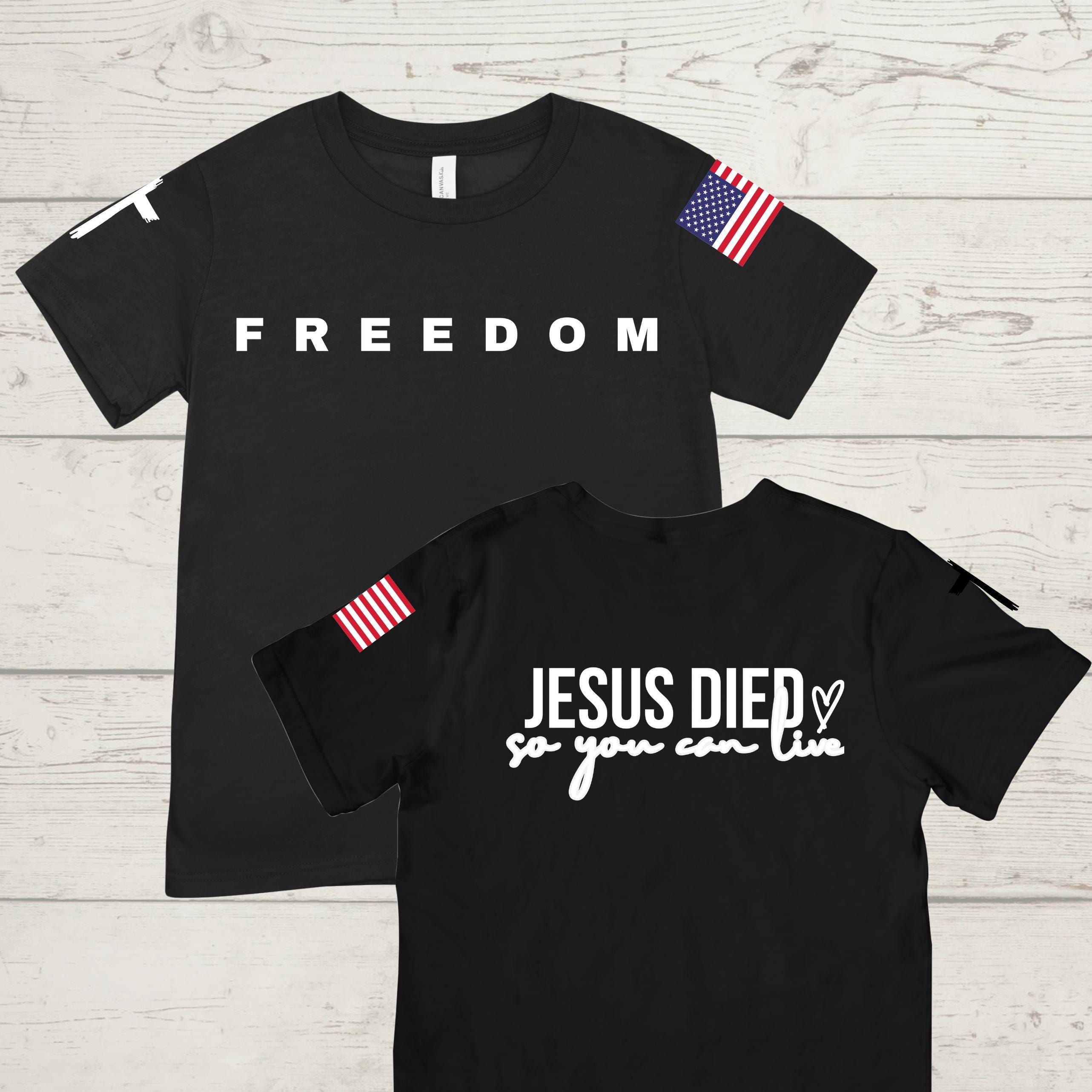 Handmade Patriotic Christian T-Shirt: Freedom Flag Jesus Apparel Charlie Kirk