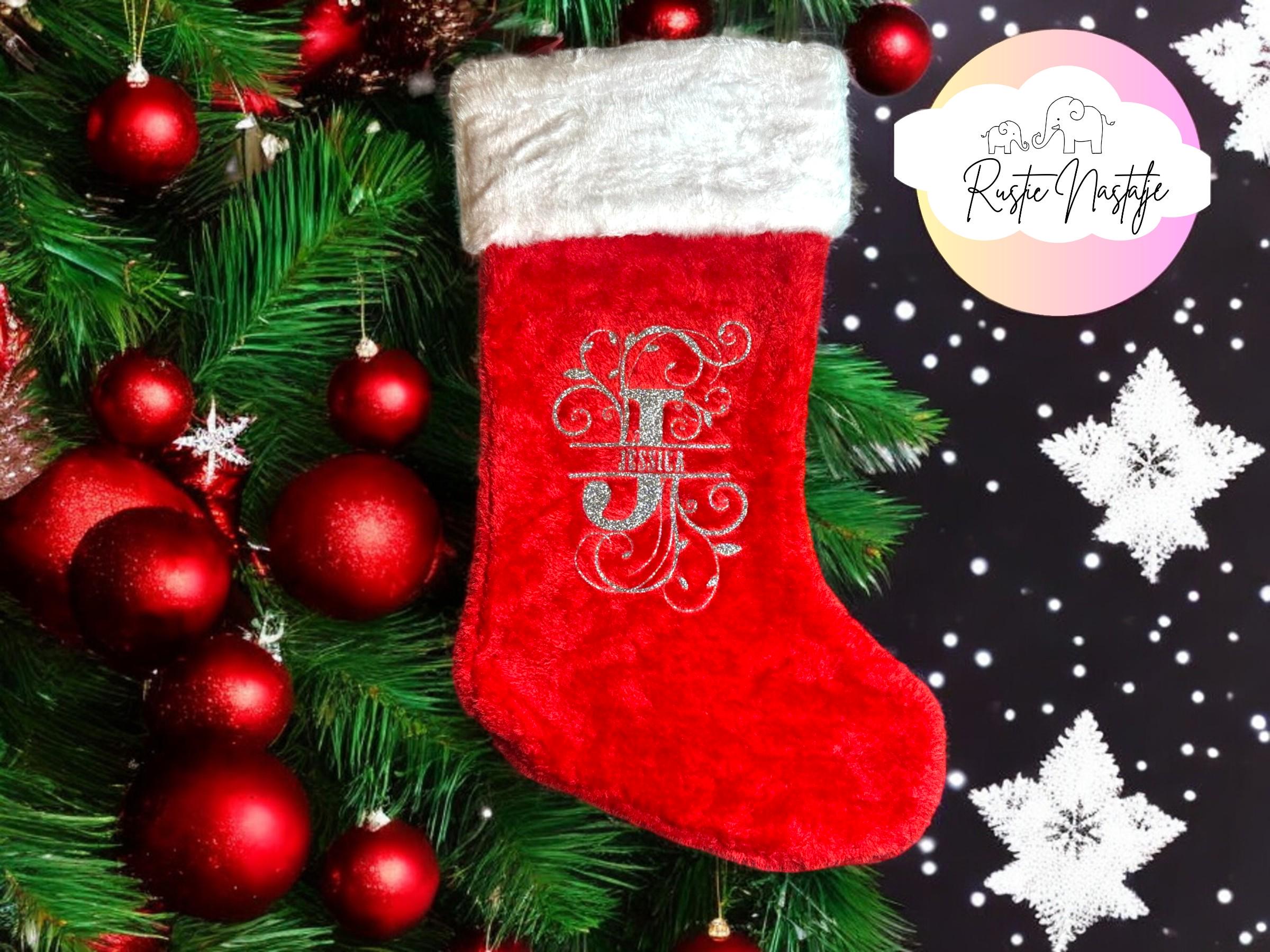 Personalized Christmas Stocking: Red Plush Glitter Monogram