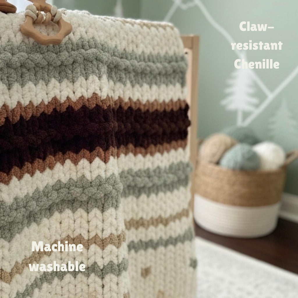 Handmade Chunky Chenille Baby Blanket, Sage Green Forest Nursery Decor, Personalized Leather Patch