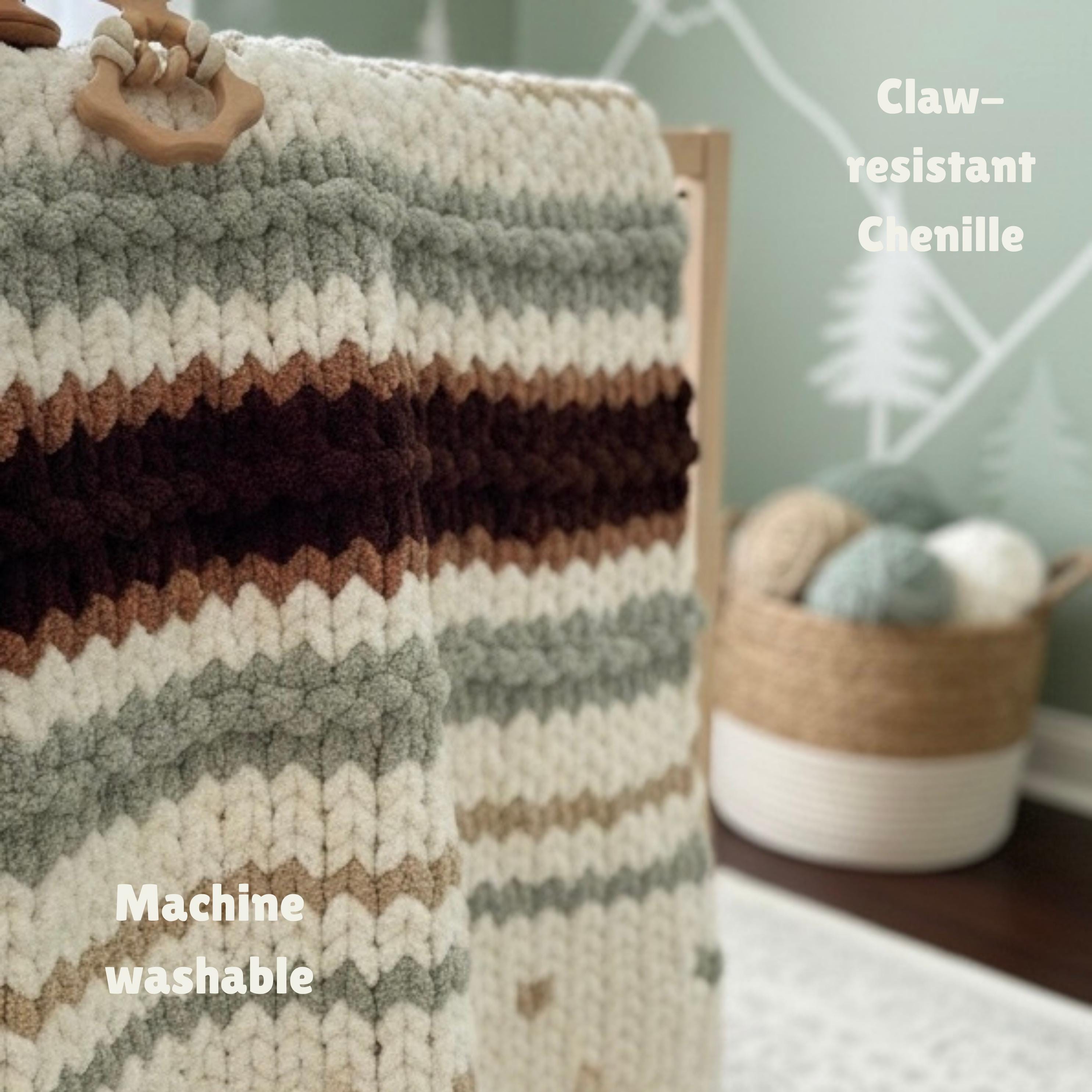 Handmade Chunky Chenille Baby Blanket, Sage Green Forest Nursery Decor, Personalized Leather Patch
