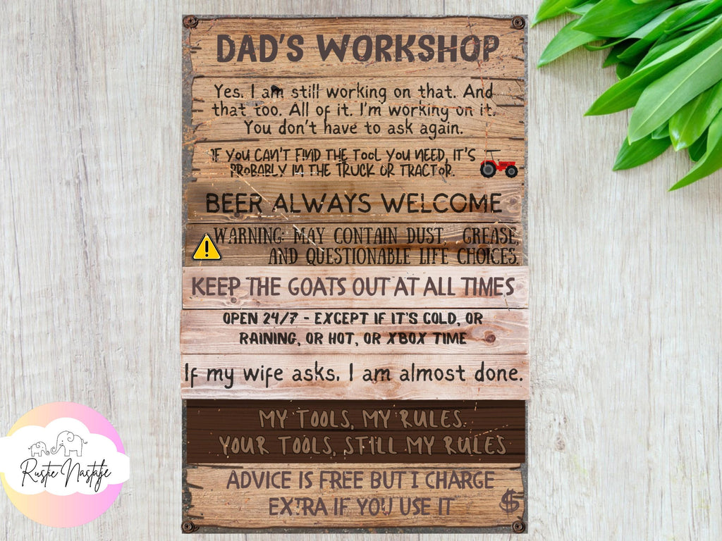 Personalized Metal Workshop Sign, Funny Father's Day Gift, Garage Decor