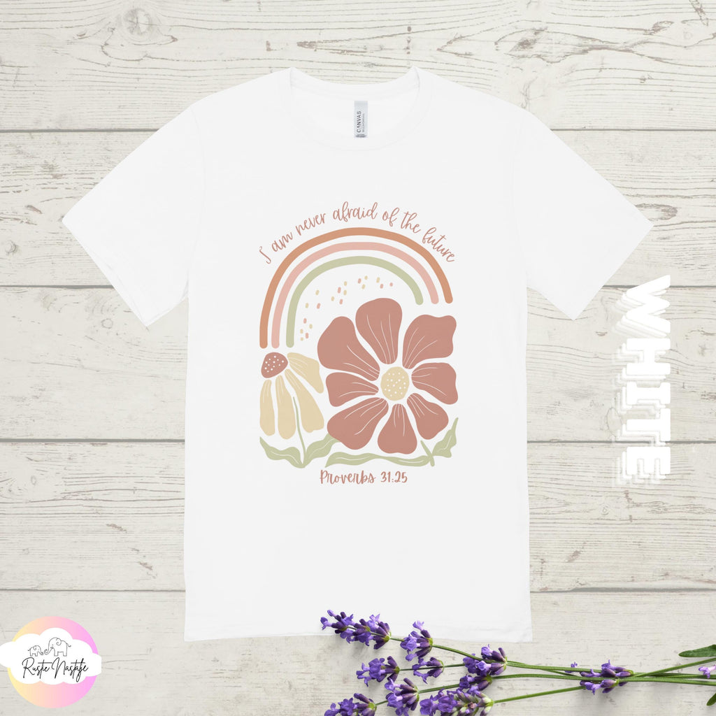 Christian T-Shirt, Proverbs 31:25, Boho Floral Rainbow Tee