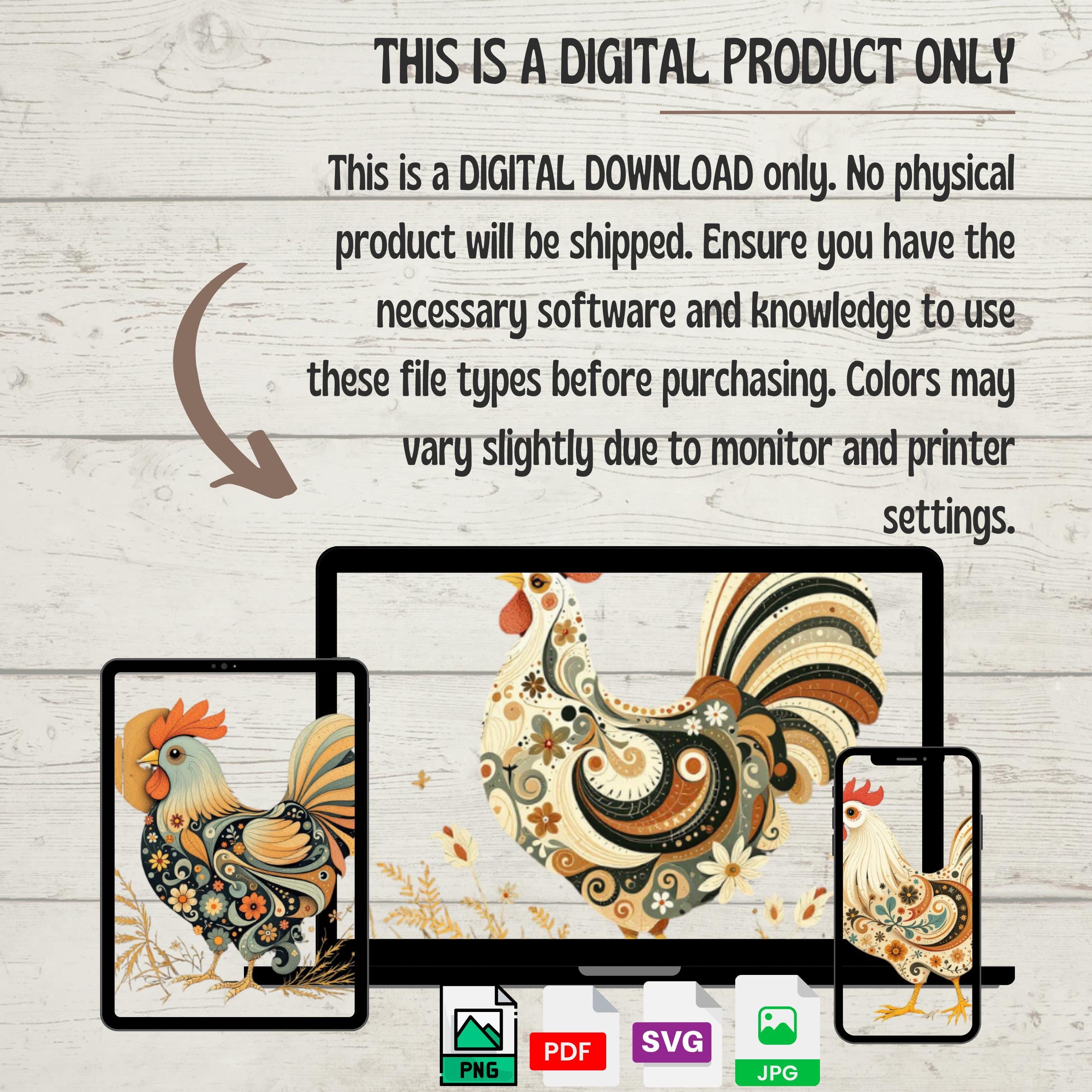 Folk Art Rooster PNG Clipart: Farmhouse Animal Designs (Digital Download)