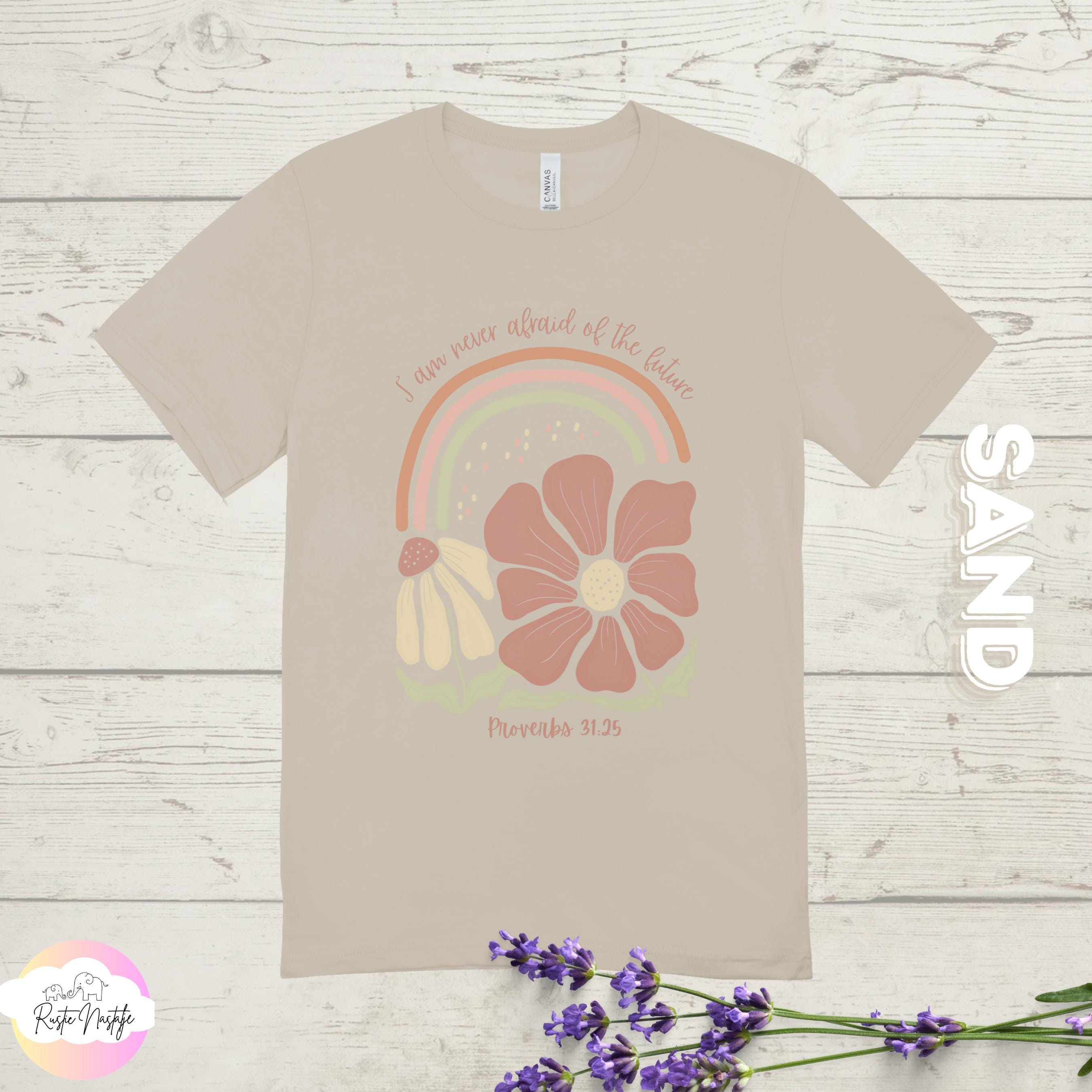 Christian T-Shirt, Proverbs 31:25, Boho Floral Rainbow Tee