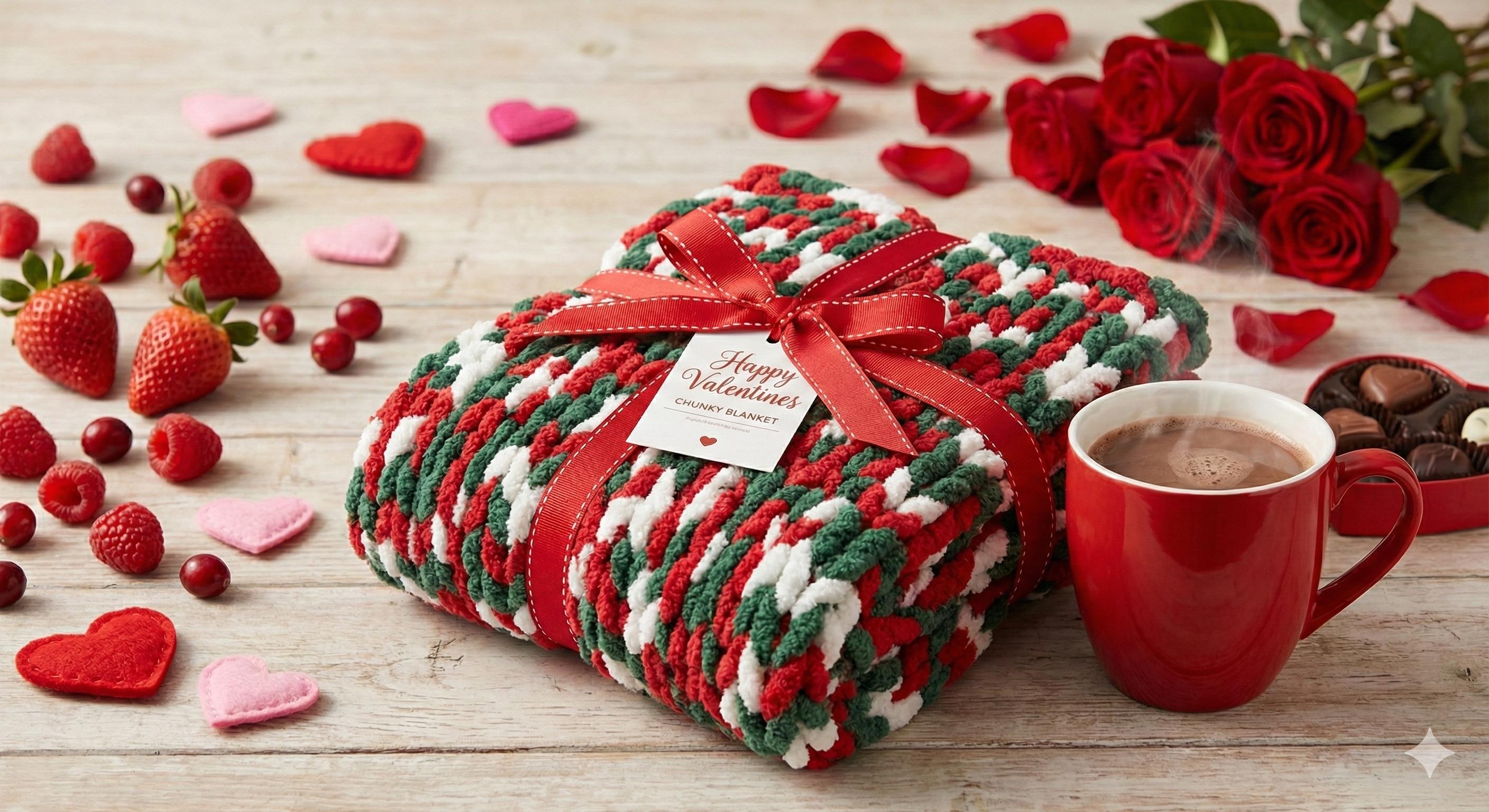 Personalized Chunky Knit Blanket with a Custom Monogram Red Green Berry Decor with Leather Name Patch