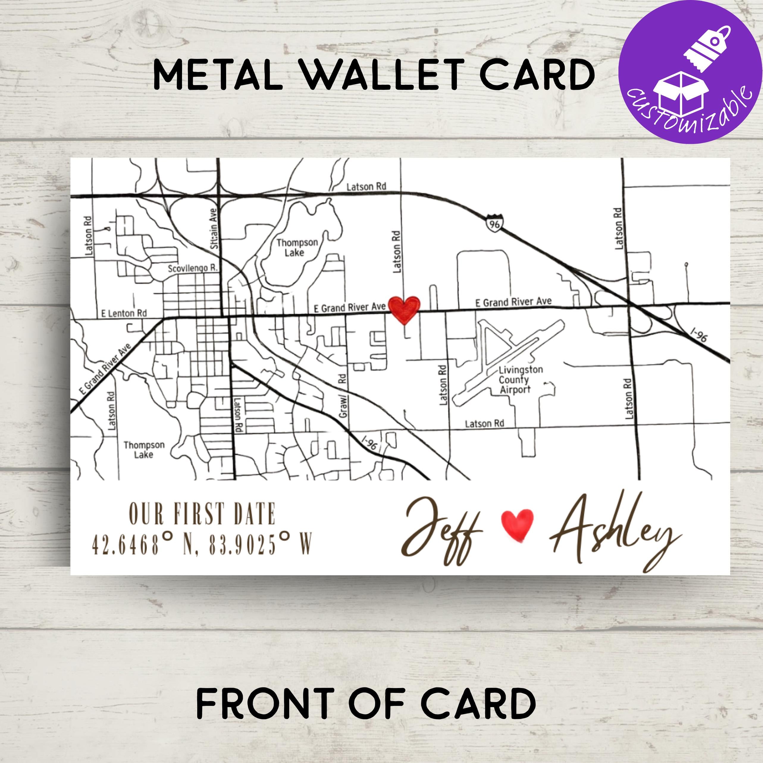 Personalized Metal Wallet Card Insert •Custom Map & Calendar Date Keepsake • Boyfriend Husband Gift