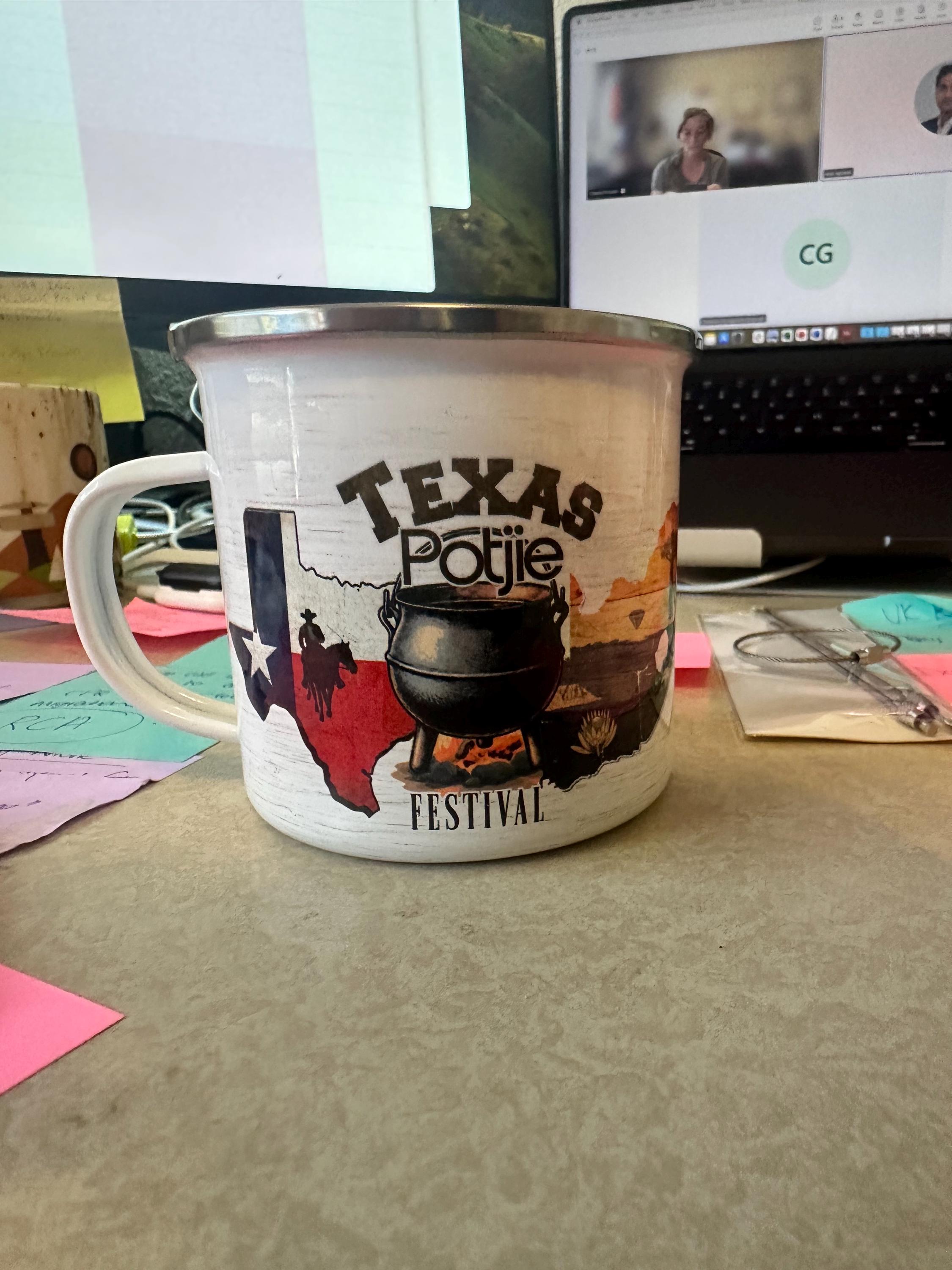 Texas Potjie Festival Enamel Mug, South African Gift for Texans, Safari Style Campfire Cup, Rustic Outdoor Coffee Mug, Saffa Heritage Gift