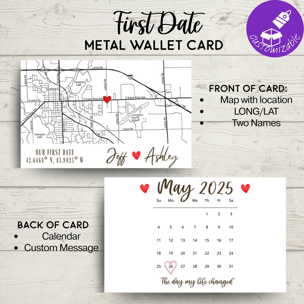 Personalized Metal Wallet Card Insert •Custom Map & Calendar Date Keepsake • Boyfriend Husband Gift
