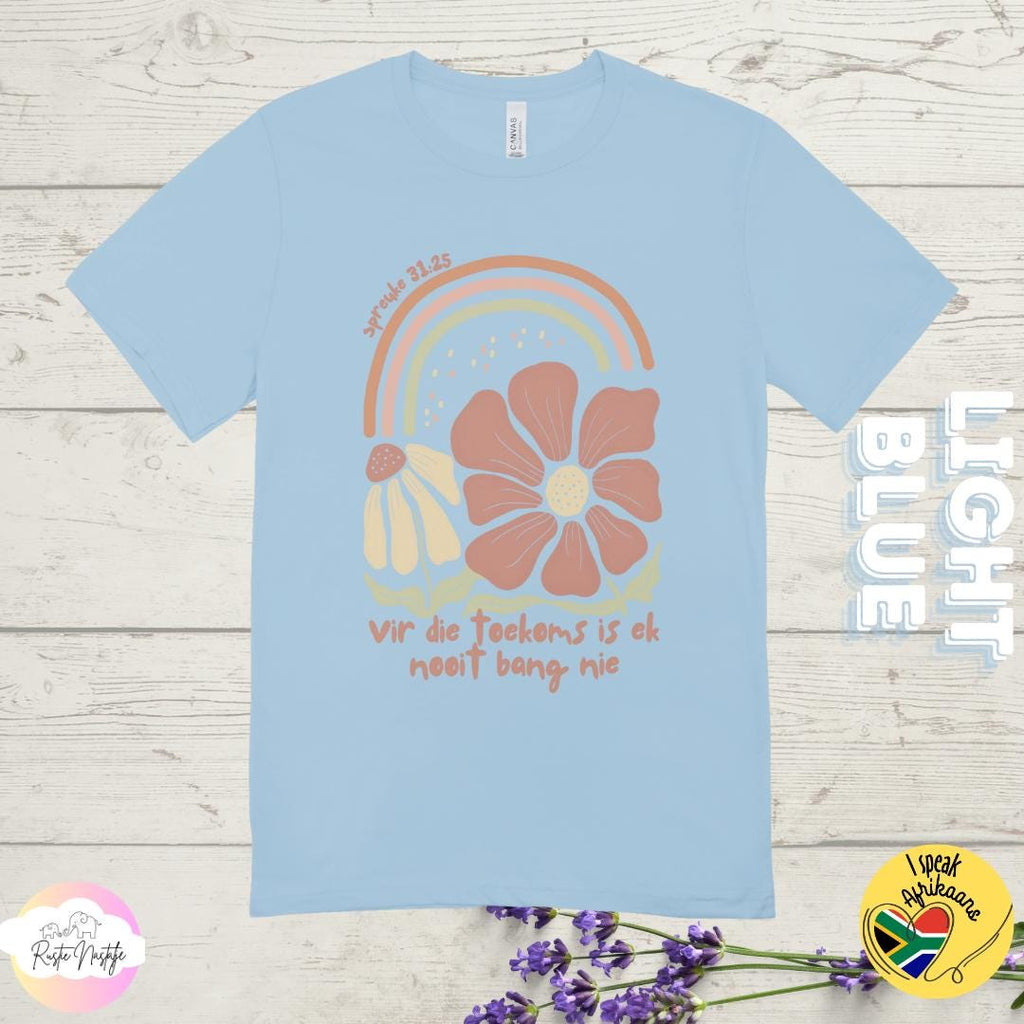 Afrikaans Christian T-Shirt: Boho Floral 'Vir die toekoms'