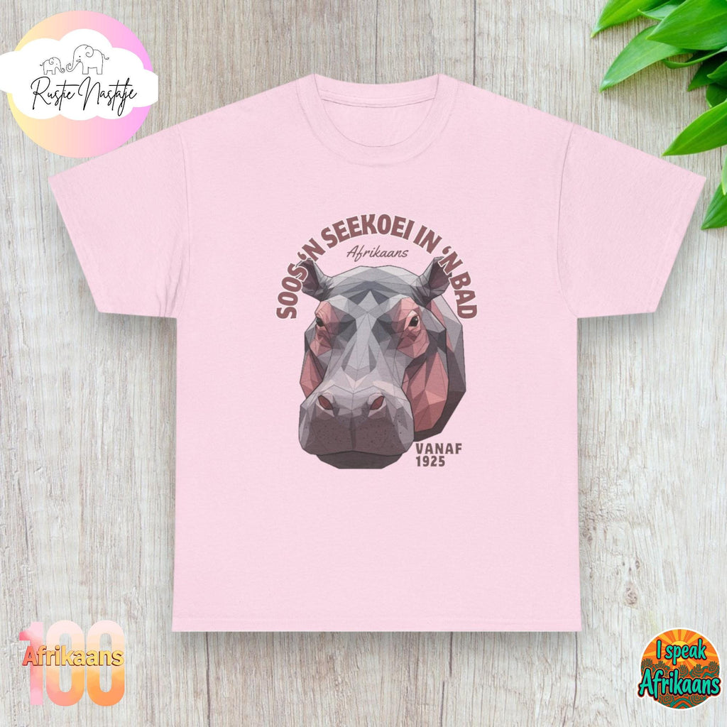 Afrikaans Hippo Tee: "Soos 'n Seekoei in 'n Bad" South African Shirt