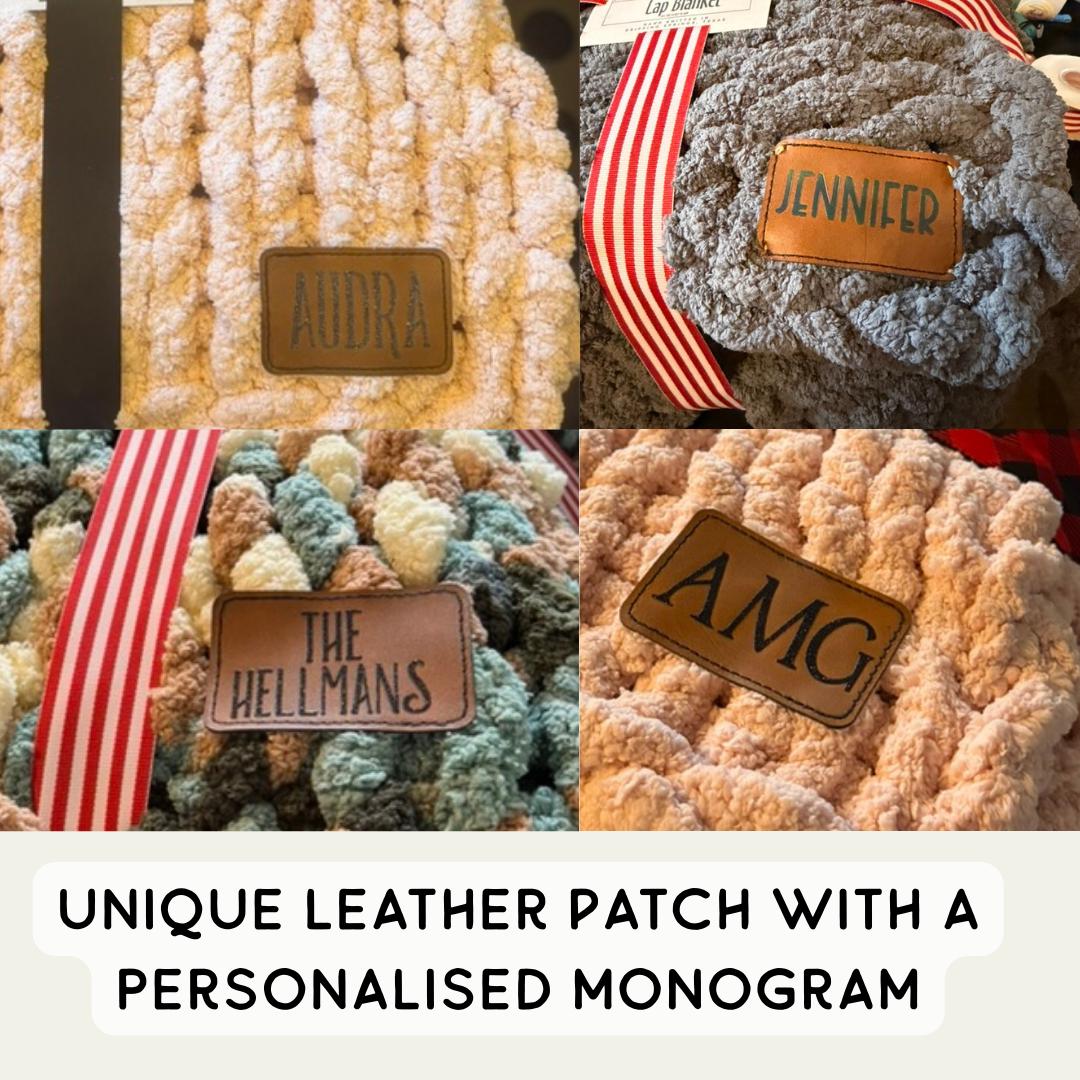 Personalized Chunky Knit Blanket with a Custom Monogram Red Green Berry Decor with Leather Name Patch
