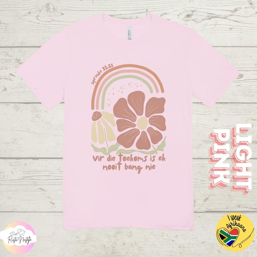 Afrikaans Christian T-Shirt: Boho Floral 'Vir die toekoms'