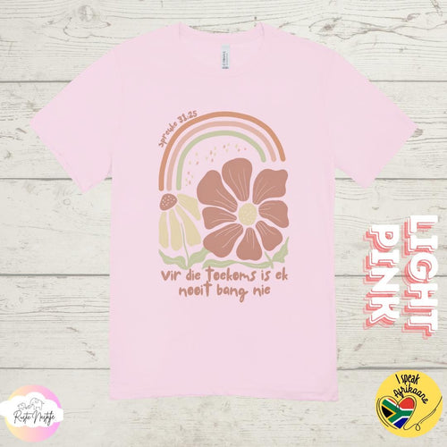 Afrikaans Christian T-Shirt: Boho Floral 'Vir die toekoms'