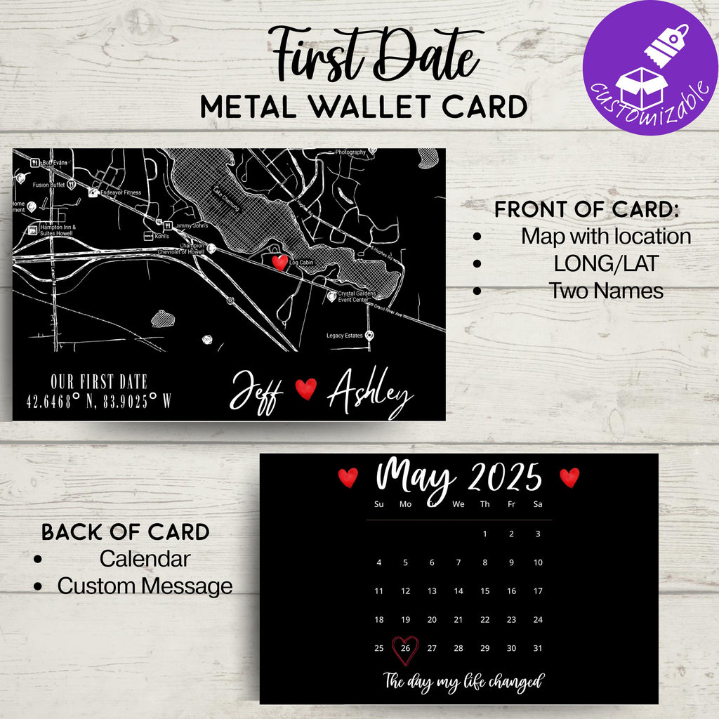 Personalized Metal Wallet Card Insert •Custom Map & Calendar Date Keepsake • Boyfriend Husband Gift