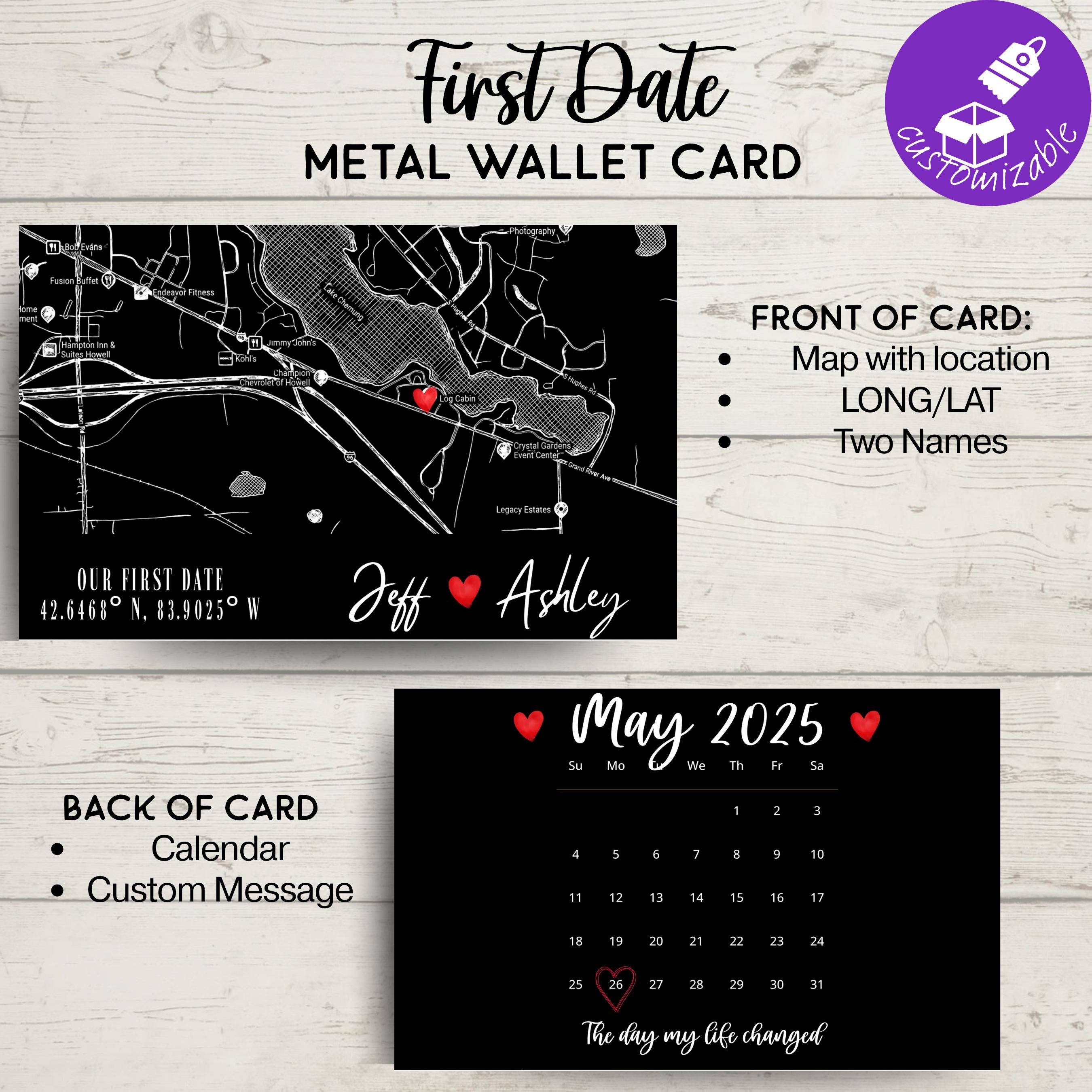 Personalized Metal Wallet Card Insert •Custom Map & Calendar Date Keepsake • Boyfriend Husband Gift
