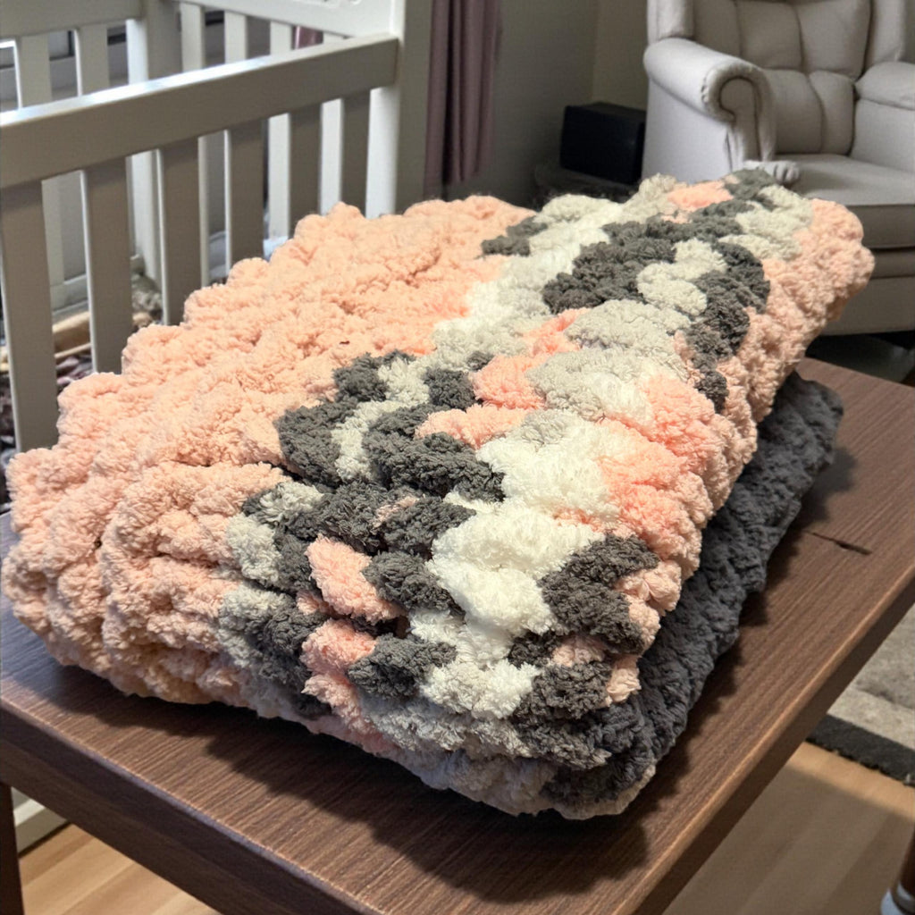 Personalized Chunky Knit Baby Blanket - Pink & Grey Nursery Bedding - Custom Name Stroller Throw - Newborn Girl Gift - The Gracie