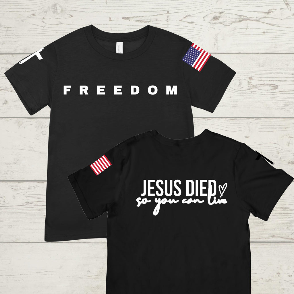 Christian Freedom T-Shirt: Patriotic Flag, Jesus Died Charlie Kirk