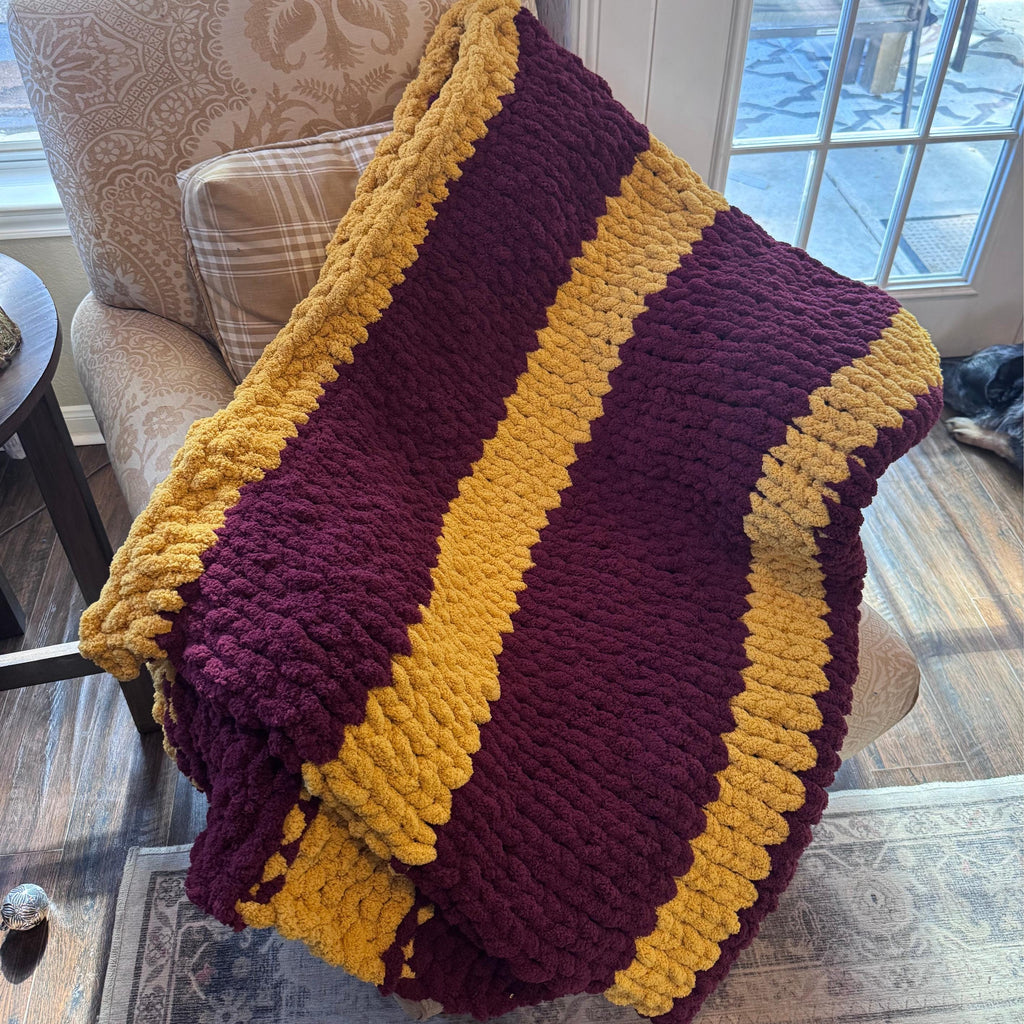 Personalized Chunky Knit School Spirit Blanket, Maroon and Gold Team Colors