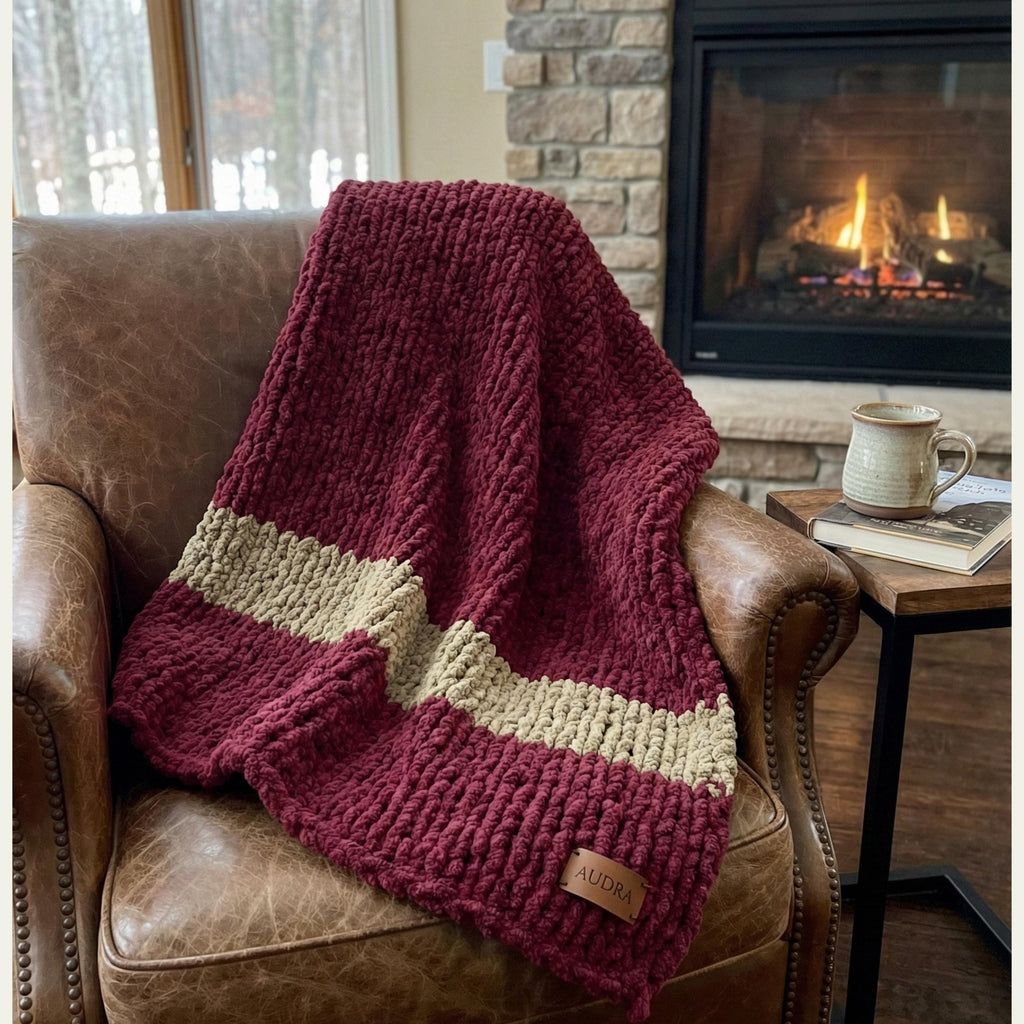 Cozy, Rustic, Chunky Chenille Hand Knit Blanket / Throw with Customized Leather Tag