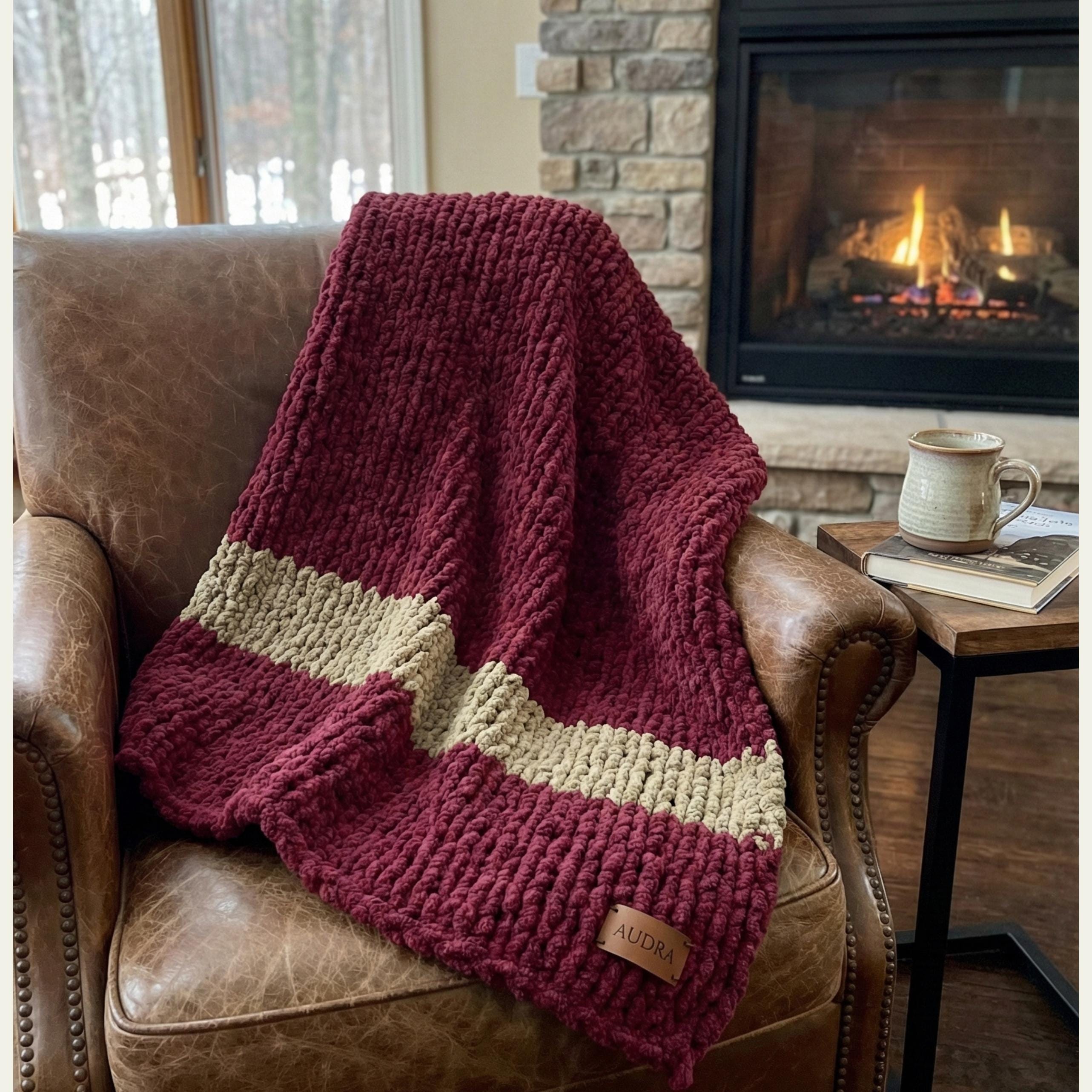 Cozy, Rustic, Chunky Chenille Hand Knit Blanket / Throw with Customized Leather Tag