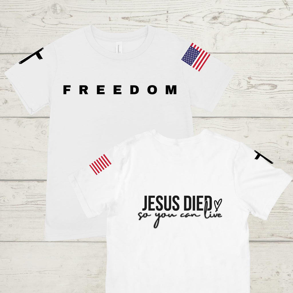 Handmade Patriotic Christian T-Shirt: Freedom Flag Jesus Apparel Charlie Kirk