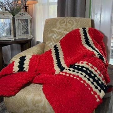 Handmade Red Chunky Knit Throw, Personalized Leather Patch, Chenille Blanket