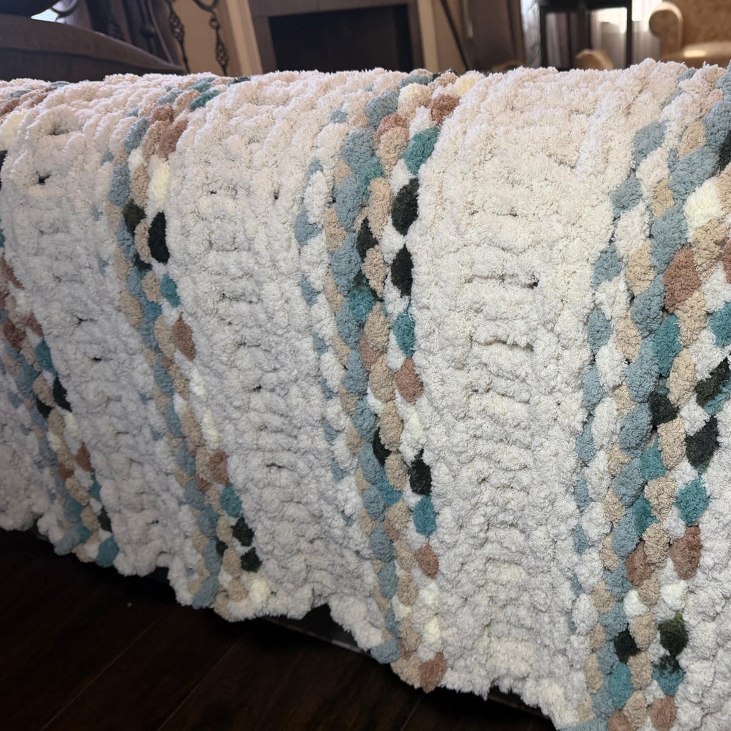 Chunky Knit Chenille Throw Blanket, Cream & Teal, Pet Friendly