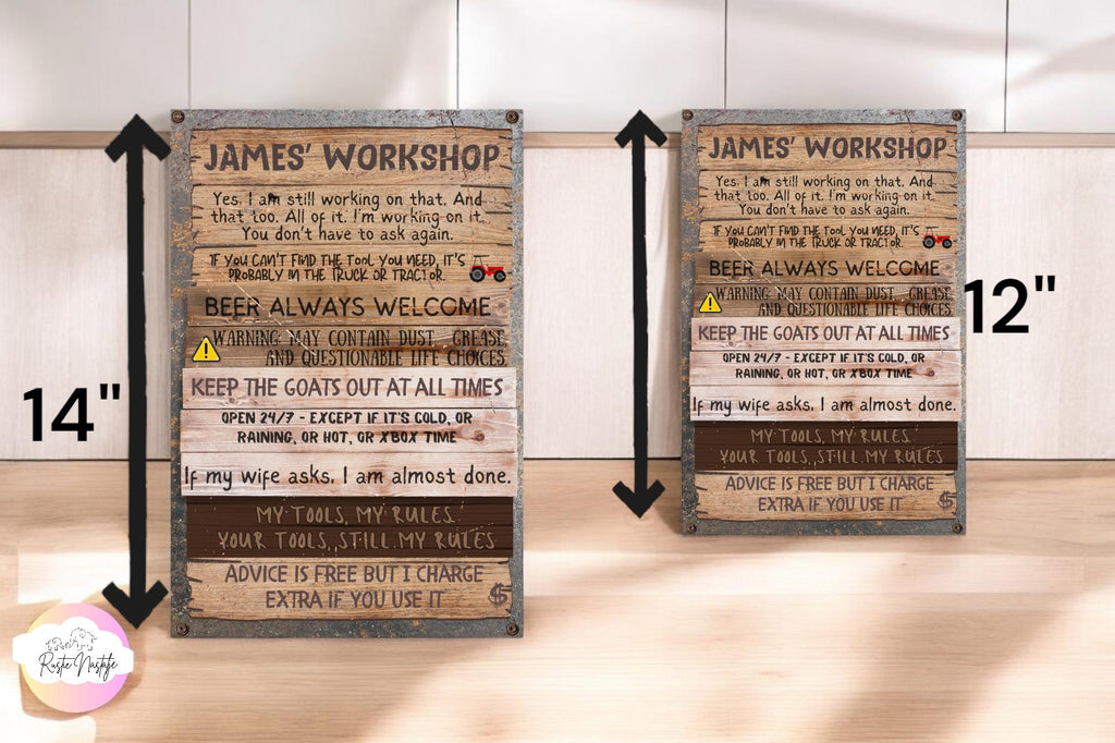 Personalized Metal Workshop Sign, Funny Father's Day Gift, Garage Decor