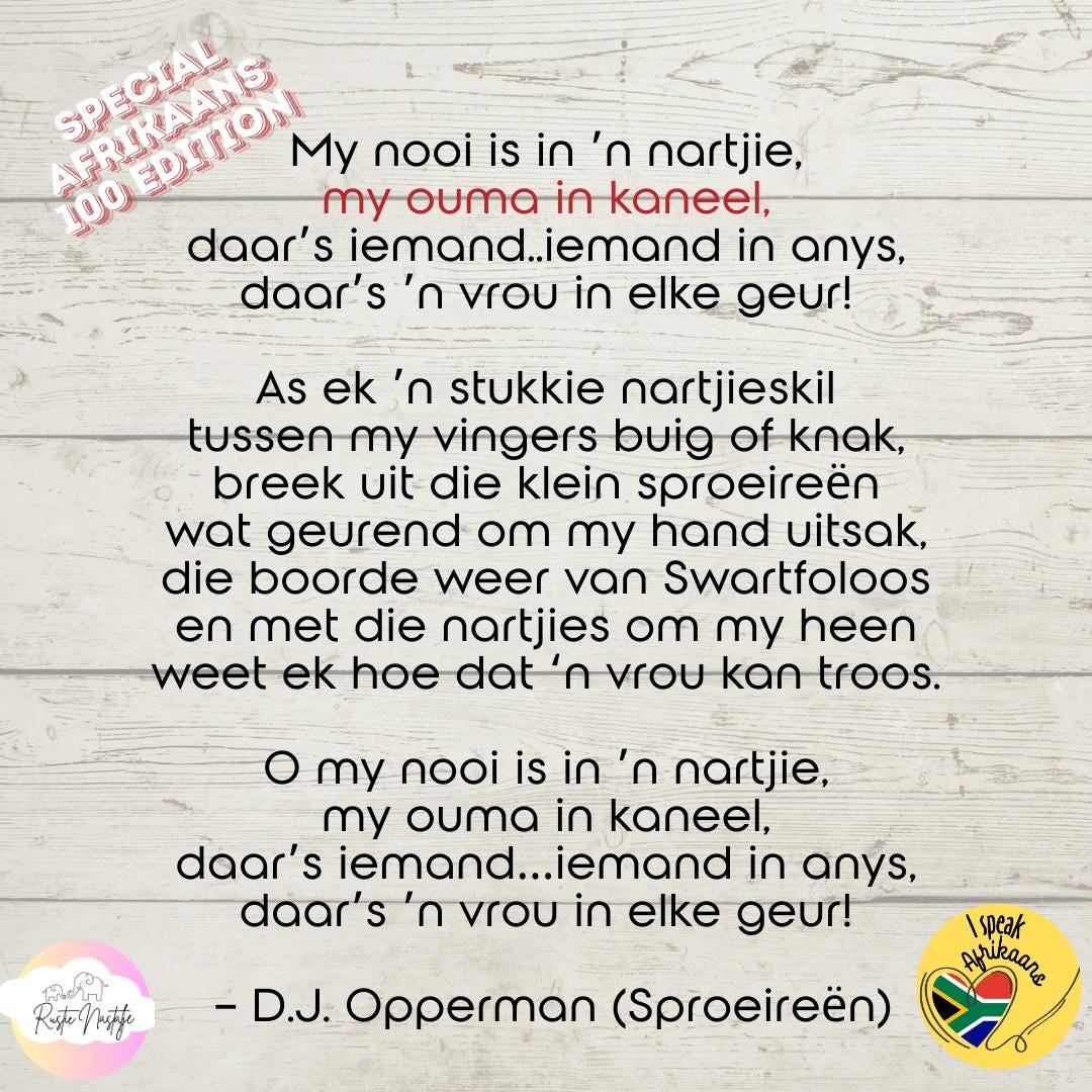 My Ouma in Kaneel T-Shirt: Afrikaans Poem, South African Heritage