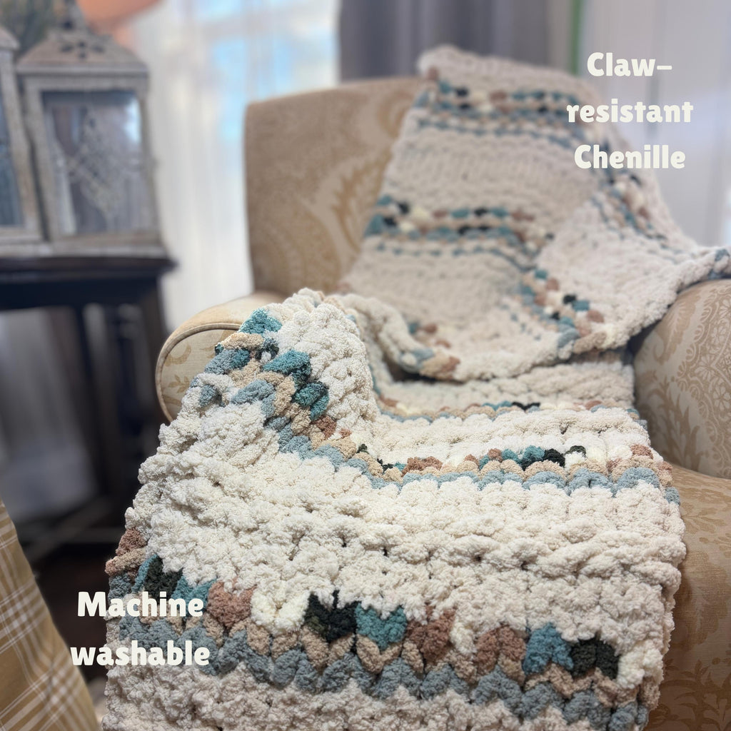 Chunky Knit Chenille Throw Blanket, Cream & Teal, Pet Friendly