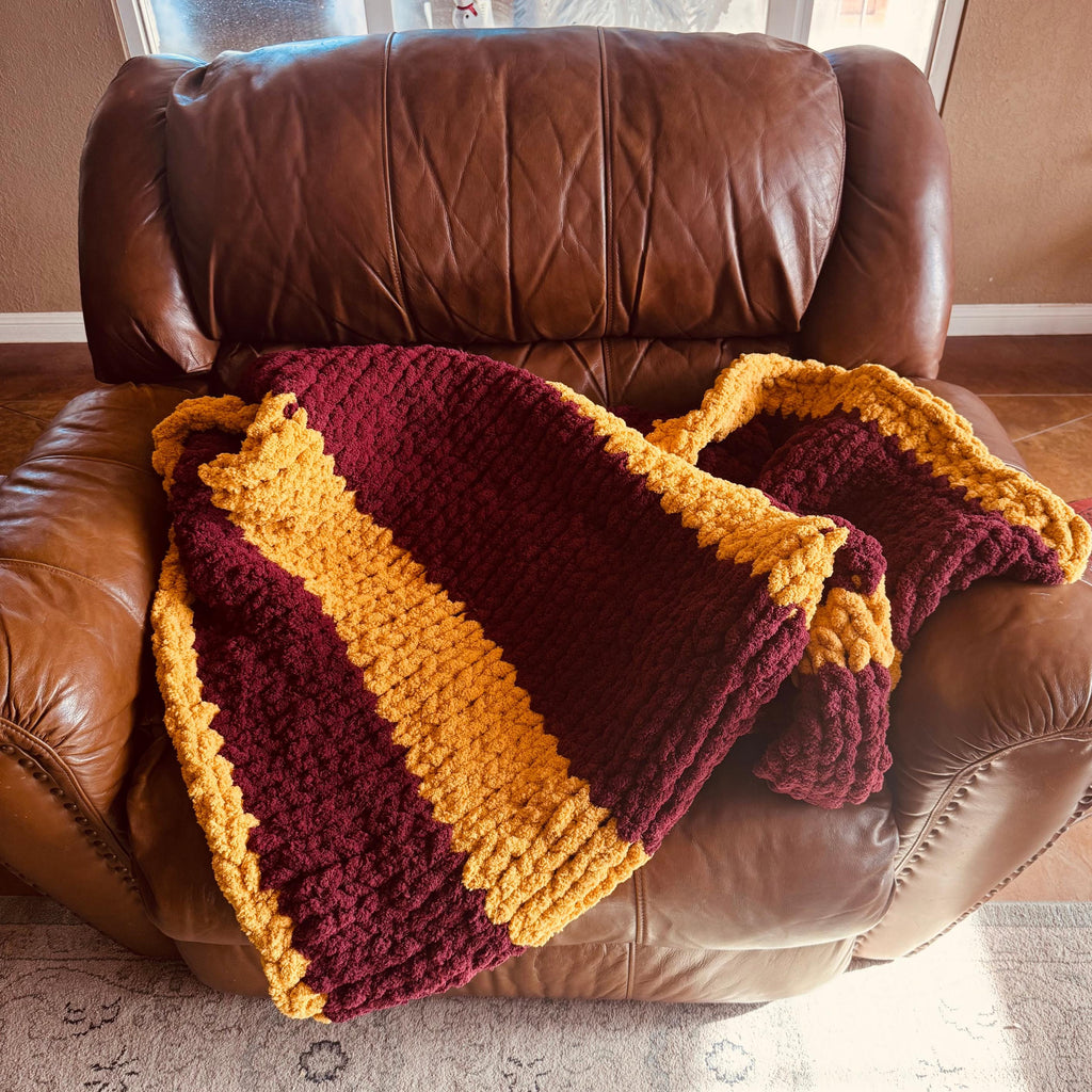 Personalized Chunky Knit School Spirit Blanket, Maroon and Gold Team Colors