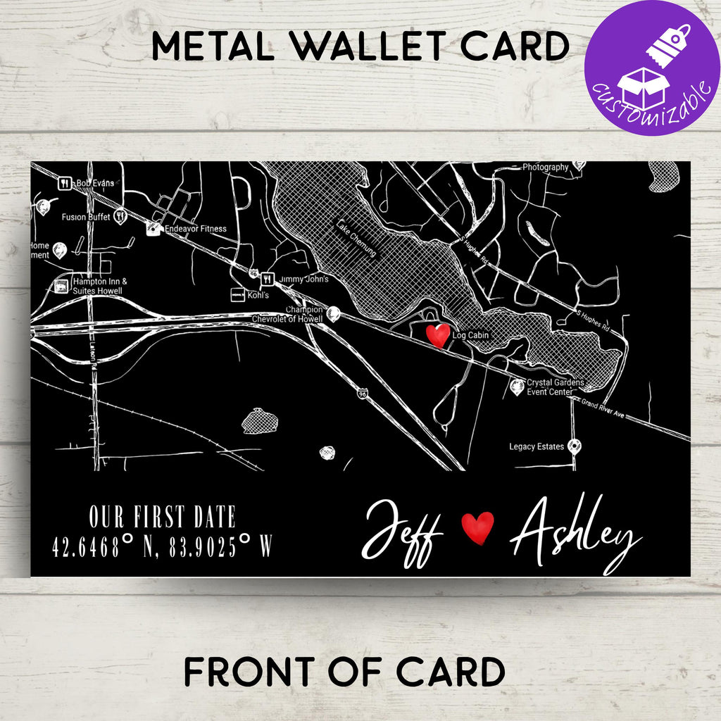 Personalized Metal Wallet Card Insert •Custom Map & Calendar Date Keepsake • Boyfriend Husband Gift