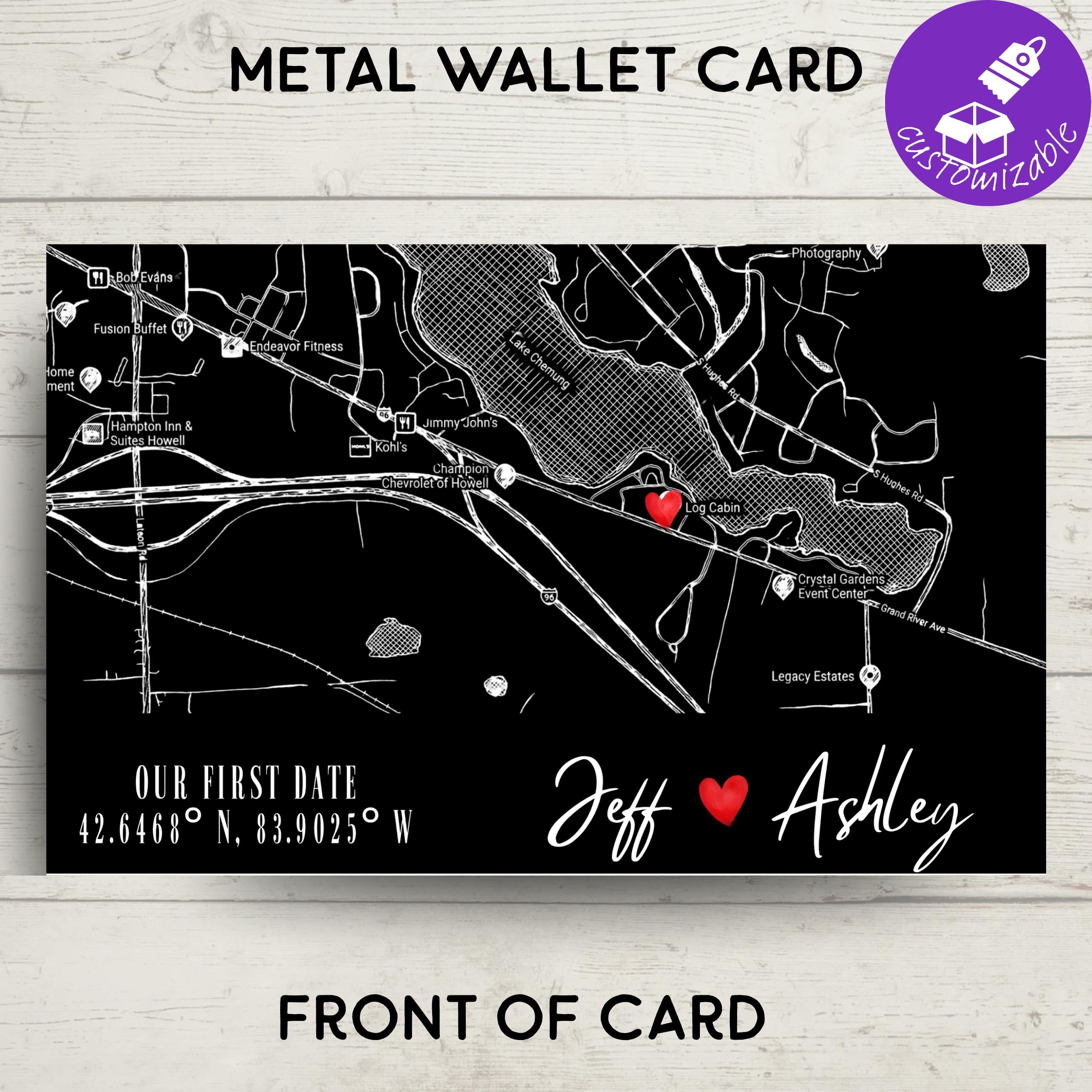 Personalized Metal Wallet Card Insert •Custom Map & Calendar Date Keepsake • Boyfriend Husband Gift