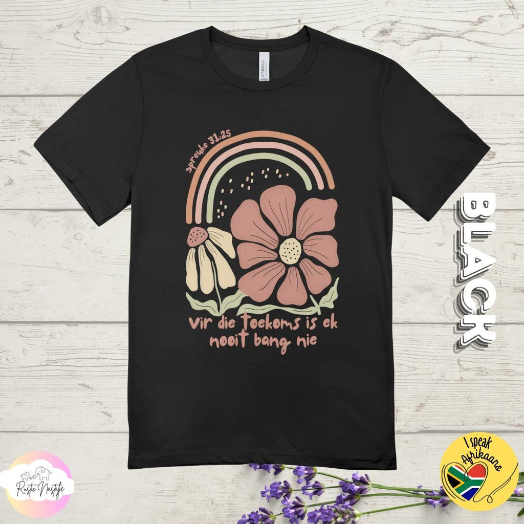 Afrikaans Christian T-Shirt: Boho Floral 'Vir die toekoms'