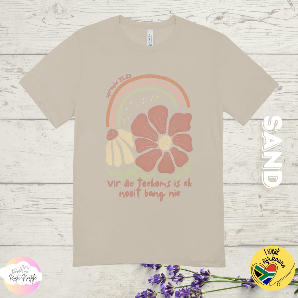 Afrikaans Christian T-Shirt: Boho Floral 'Vir die toekoms'