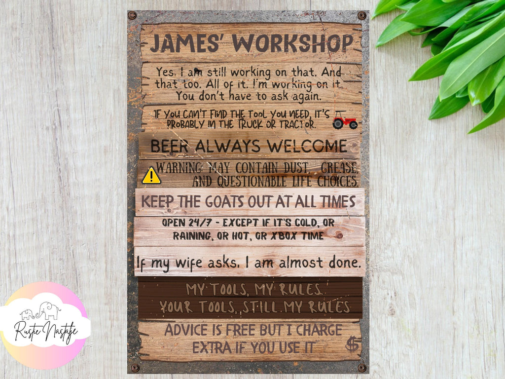 Personalized Metal Workshop Sign, Funny Father's Day Gift, Garage Decor