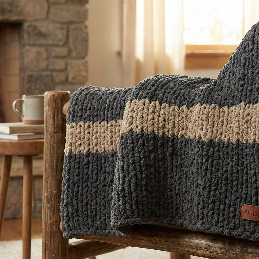 Cozy, Rustic, Chunky Chenille Hand Knit Blanket / Throw with Customized Leather Tag