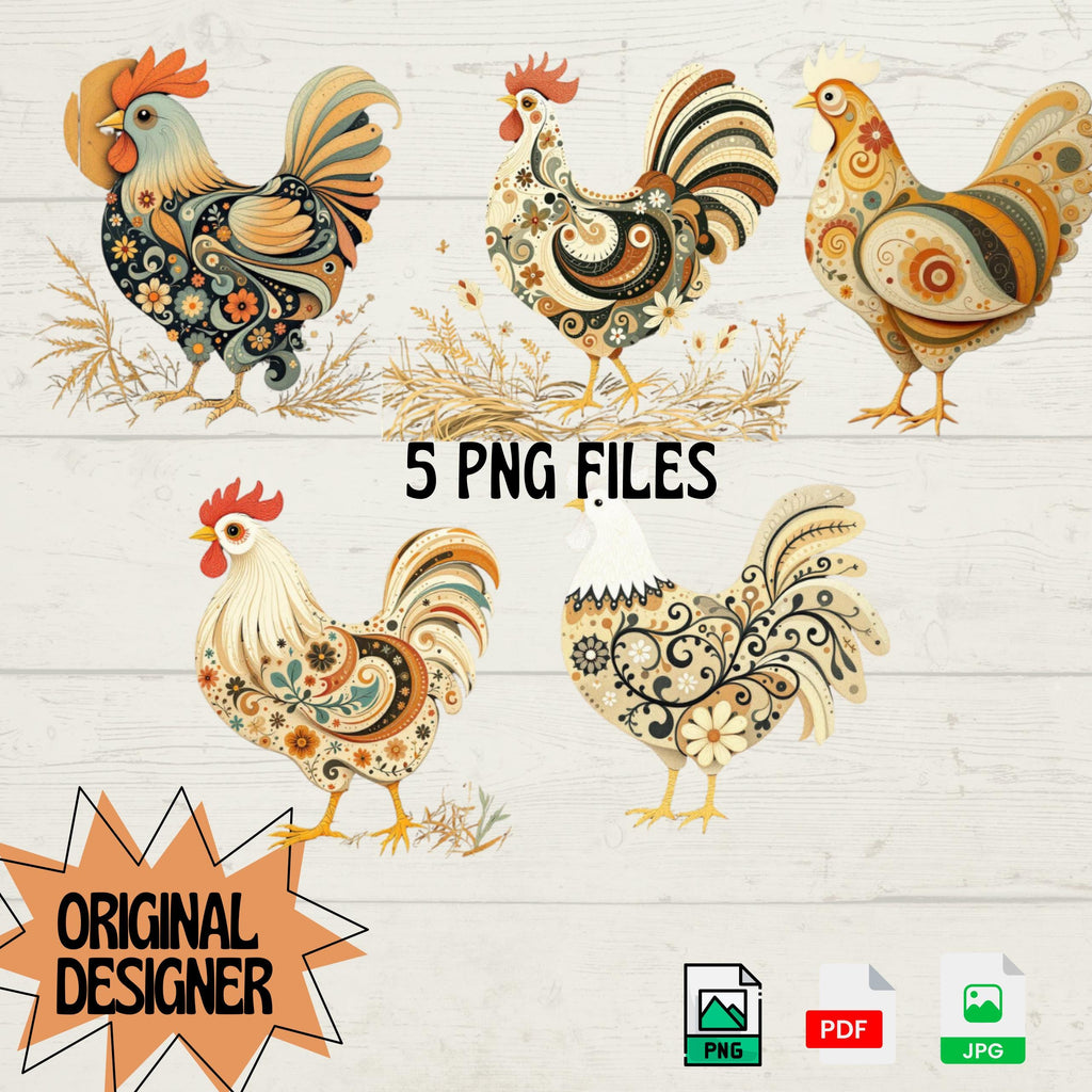 Folk Art Rooster PNG Clipart: Farmhouse Animal Designs (Digital Download)
