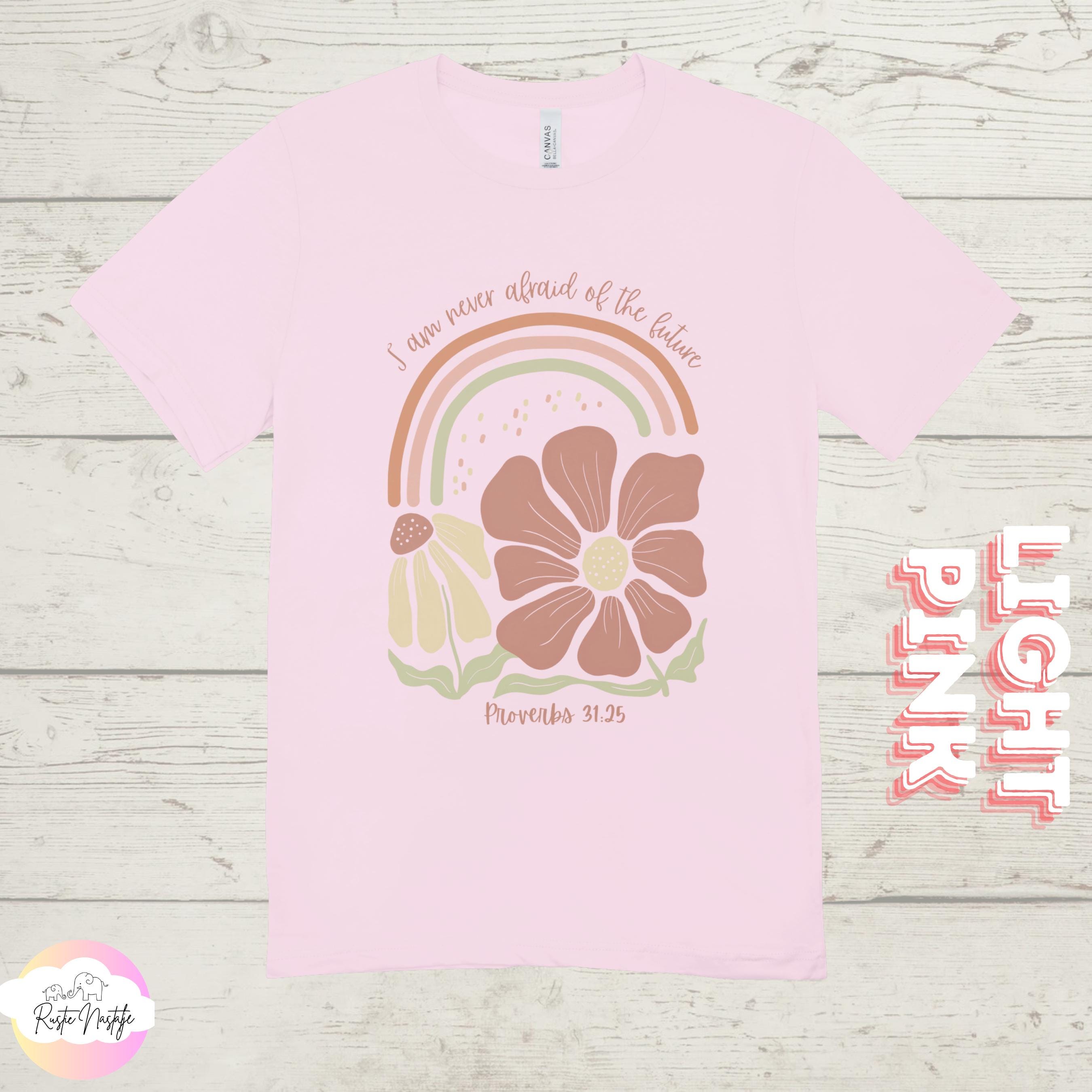 Christian T-Shirt, Proverbs 31:25, Boho Floral Rainbow Tee