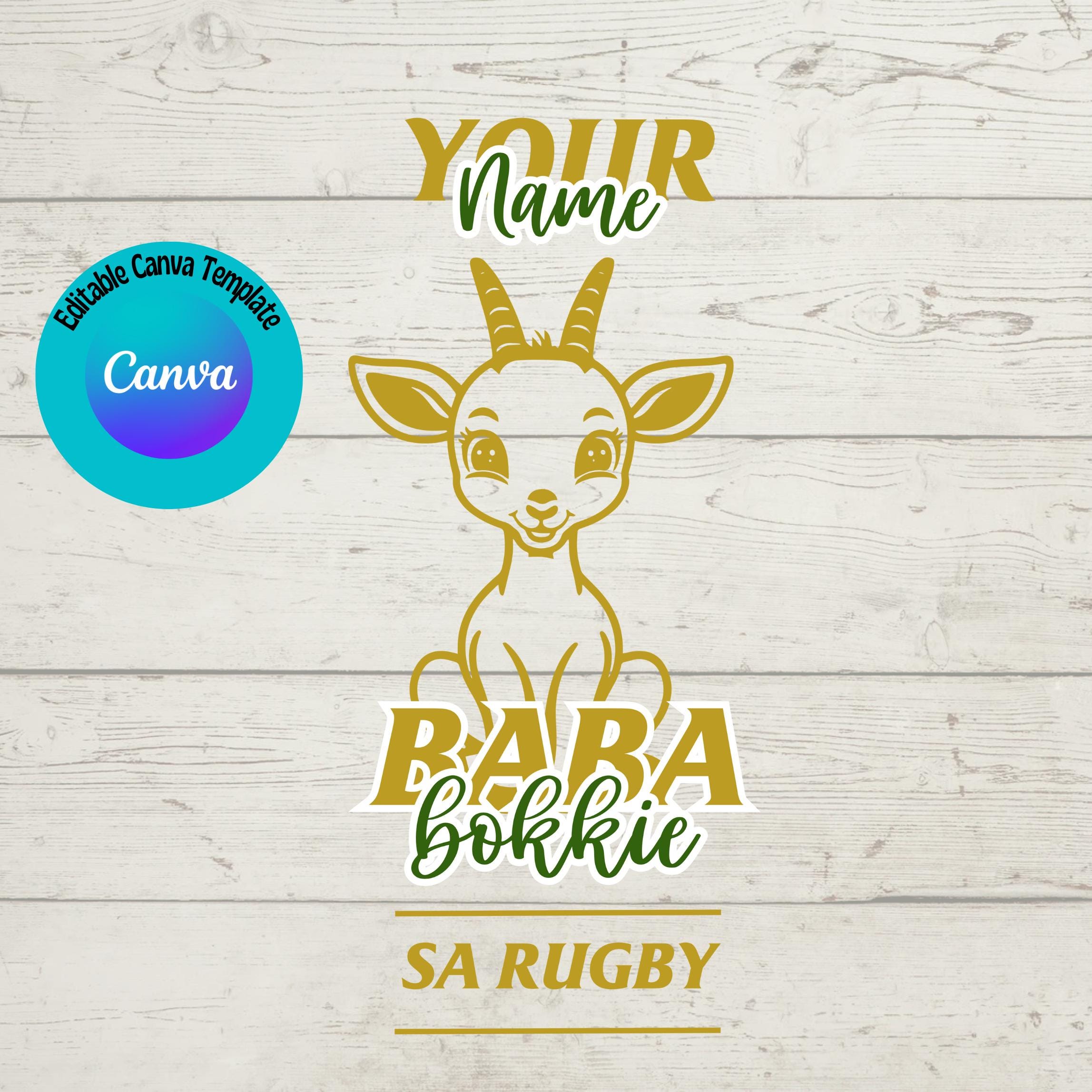 Personalized Baba Bokkie SA Rugby Design: Editable Canva Template (SVG, PNG Digital Download