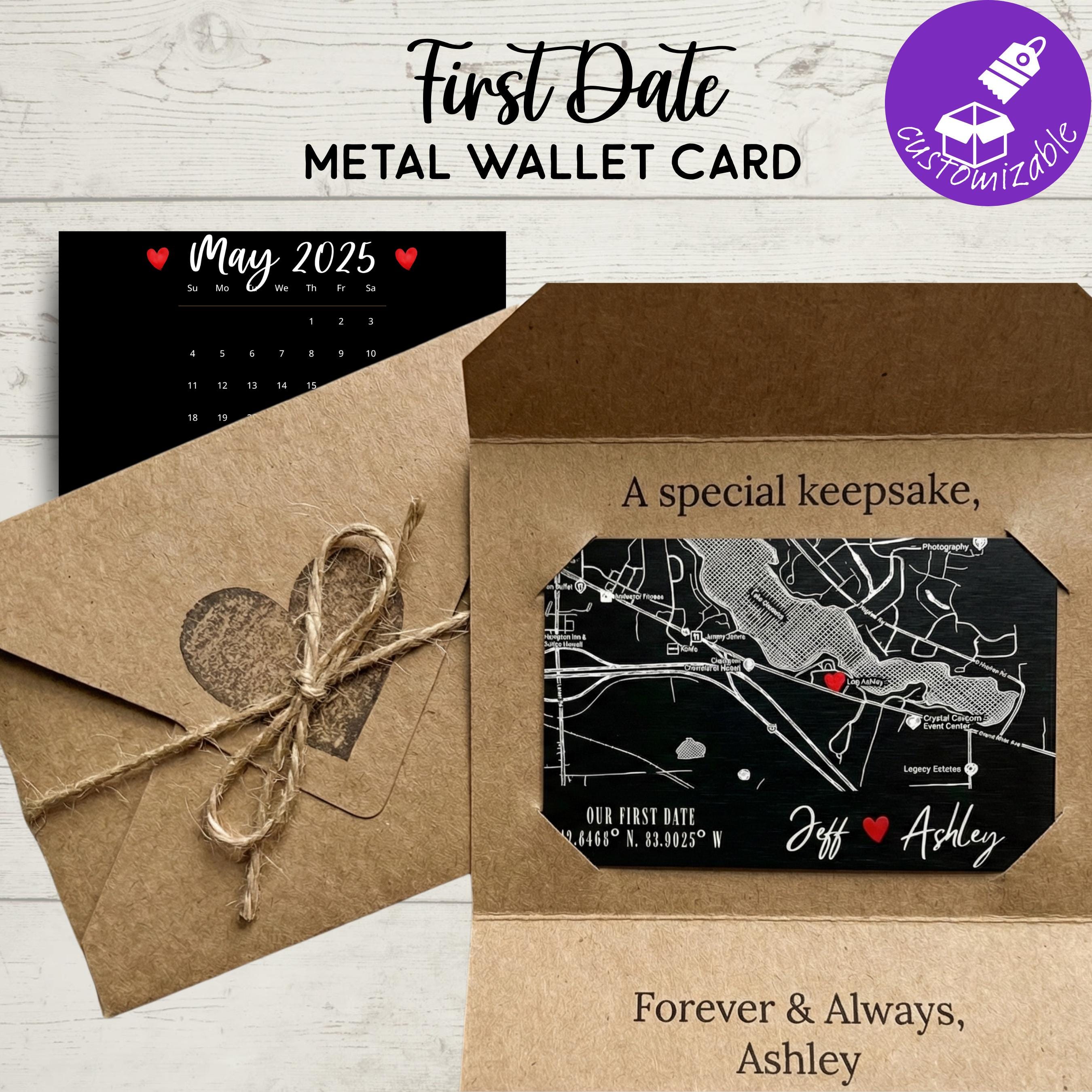 Personalized Metal Wallet Card Insert •Custom Map & Calendar Date Keepsake • Boyfriend Husband Gift